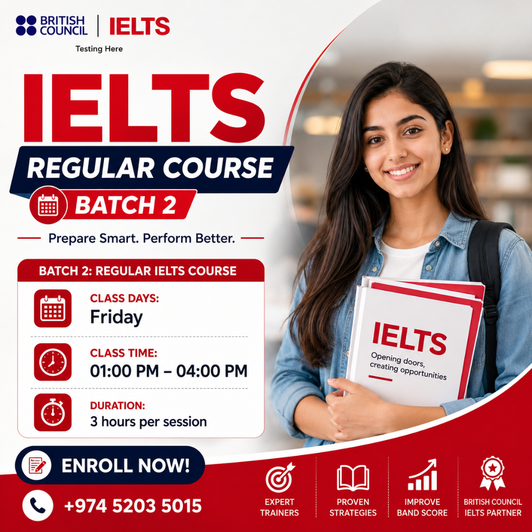 Language Courses in Qatar Facebook ad: Enroll in Our IELTS Course Today!