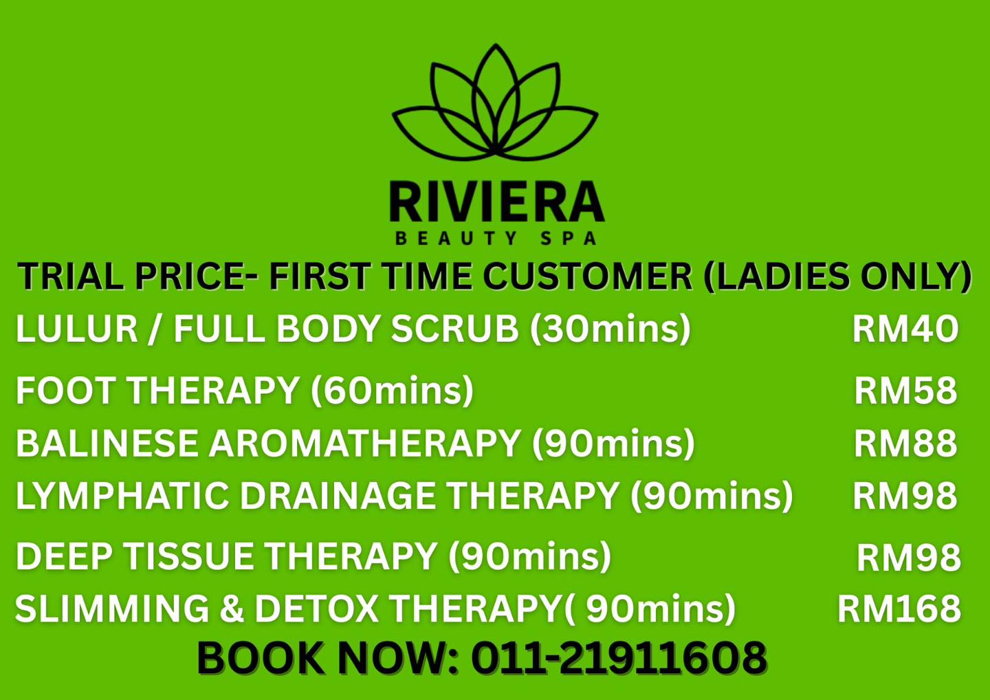 Riviera Beauty Spa Facebook ad: Tag kawan yang selalu mengadu badan lenguh.