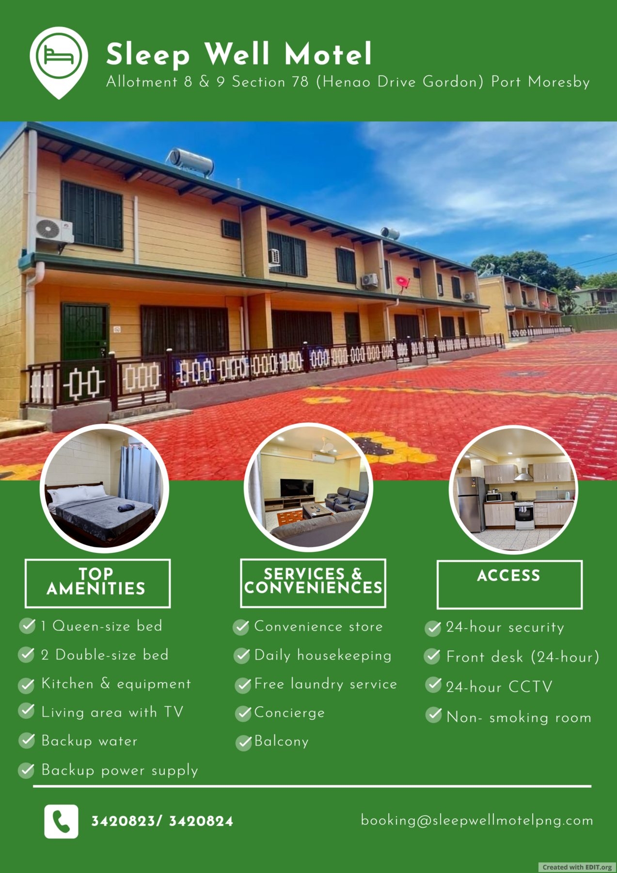 Sleep Well Motel Facebook ad: We are pleased to offer our three-bedroom serviced…