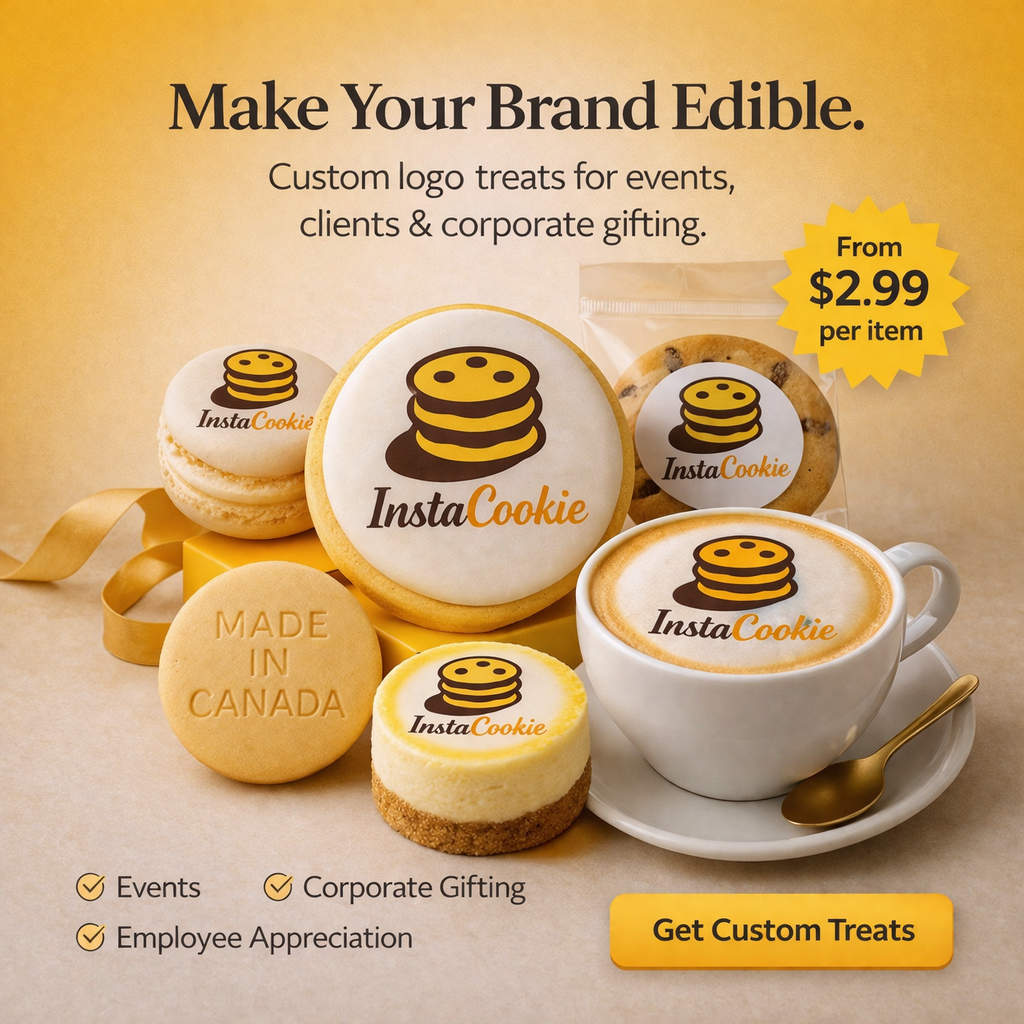 InstaCookie Facebook ad: Branded Treats. Your Logo on a Cookie.