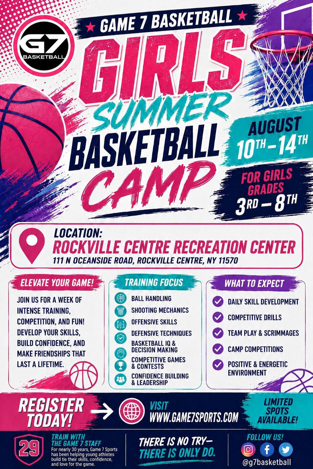 Game 7 Basketball Facebook ad: girls basketball camp in the state.