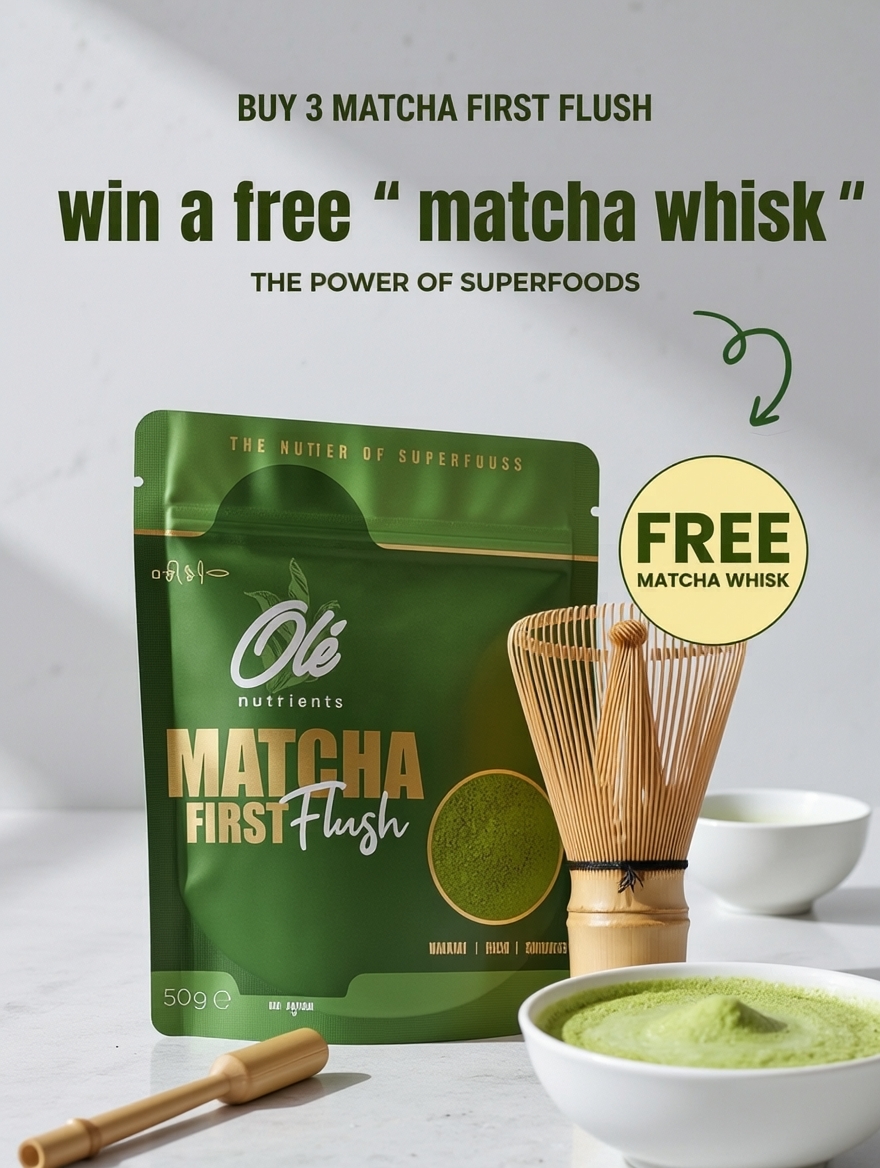 Ole nutrients Facebook ad: Buy 3 Matcha First Flush & Get a FREE Whisk