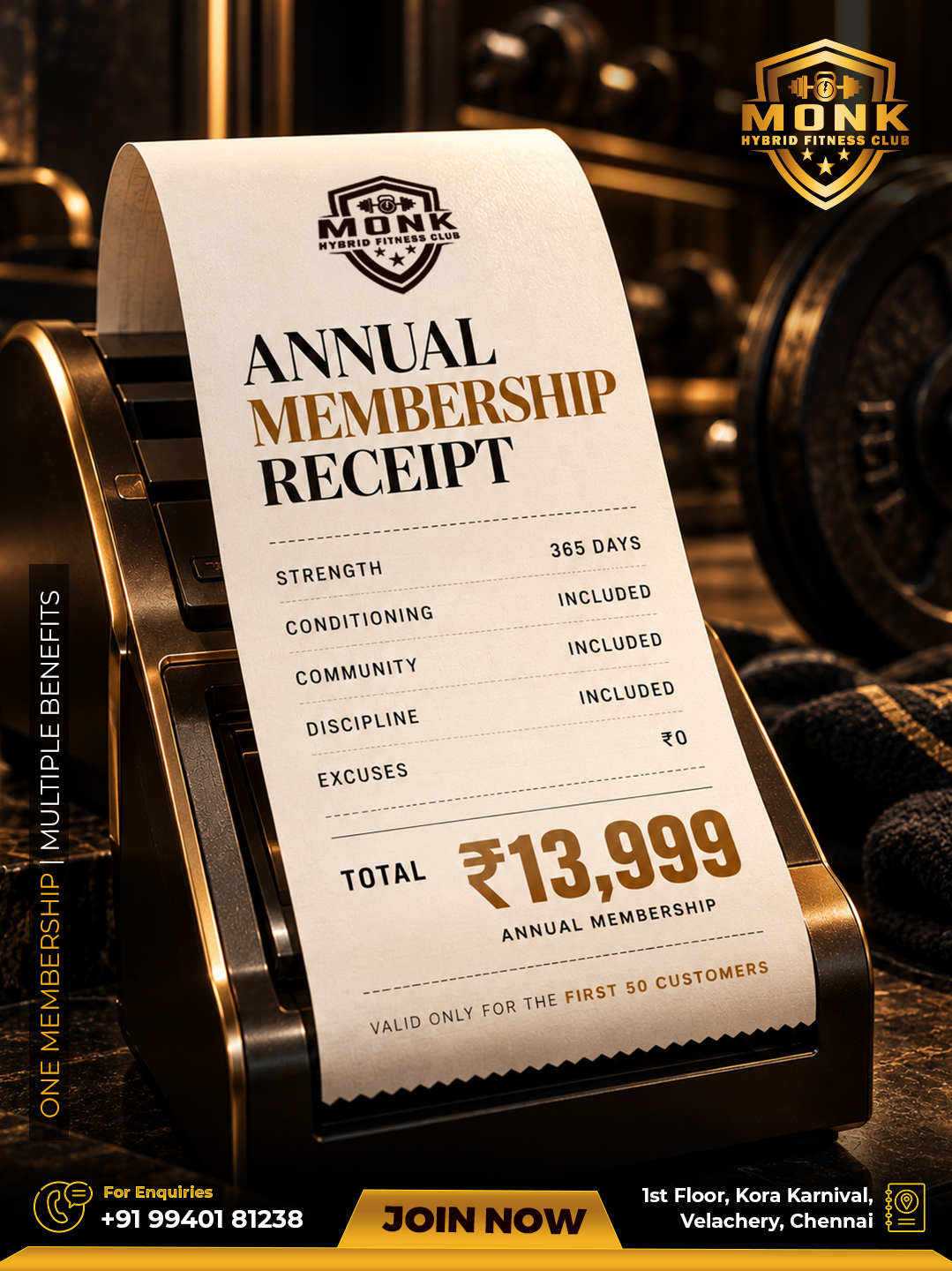 Monk Hybrid Fitness Club - Velachery Facebook ad: Your Strongest Purchase Yet.