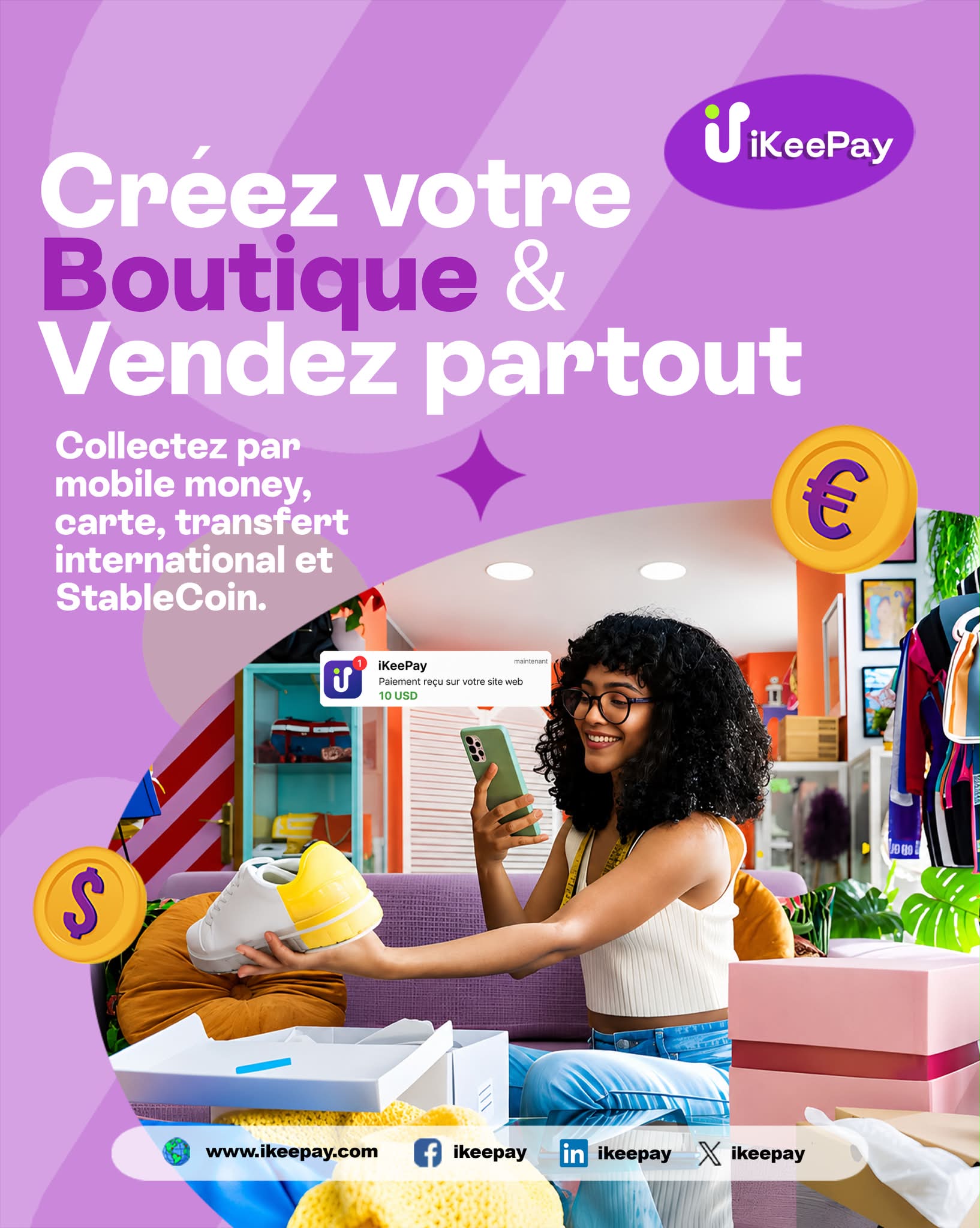 Ikeepay Facebook ad: Créez votre boutique et vendez partout avec iKeePay!