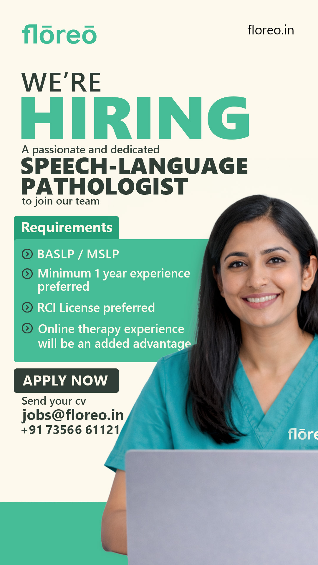 Floreo Live Facebook ad: Hiring Speech Therapists, Apply Now!