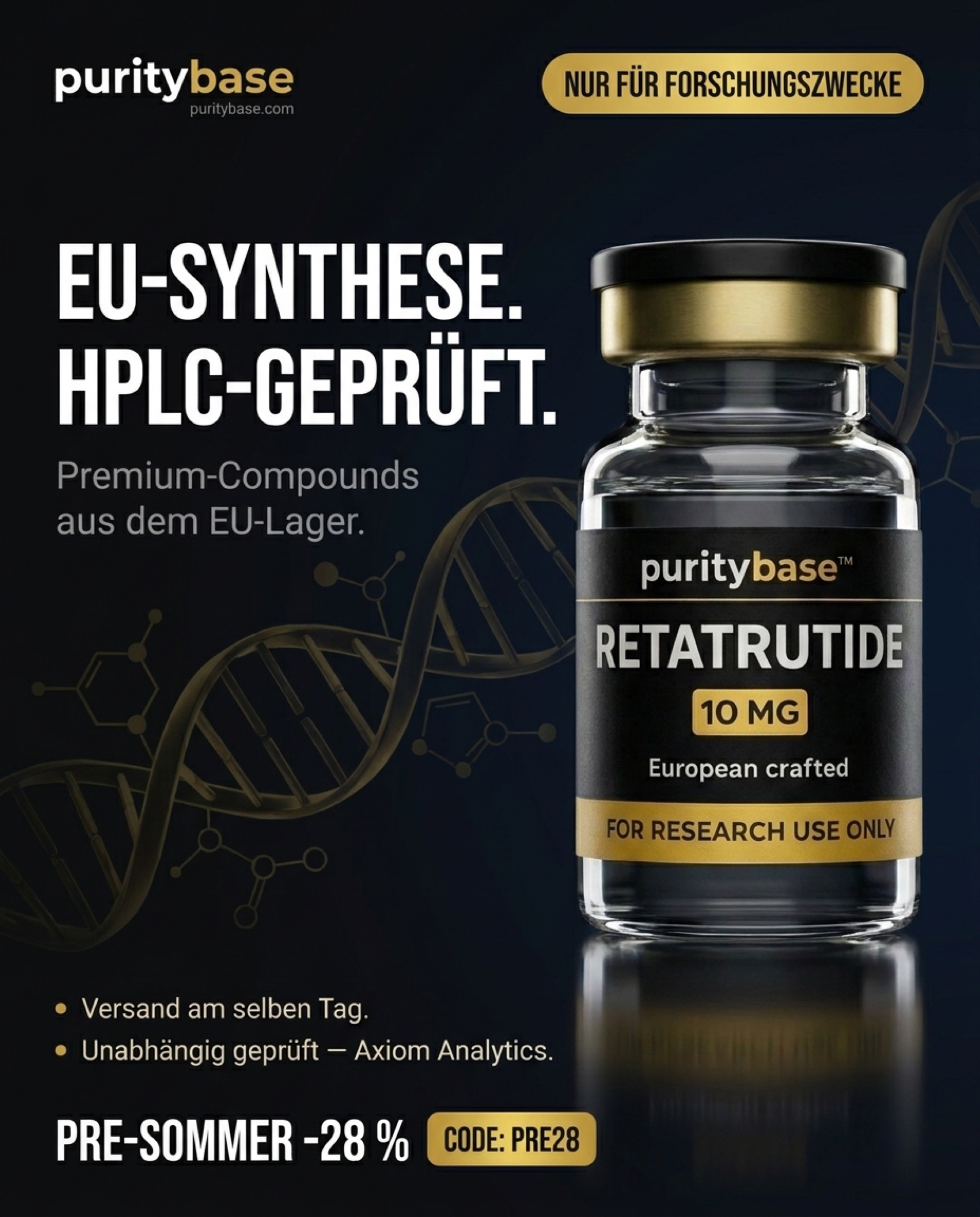 PurityBase Facebook ad: ≥99 % Reinheit. Unabhängig geprüft. Sofort lieferbar