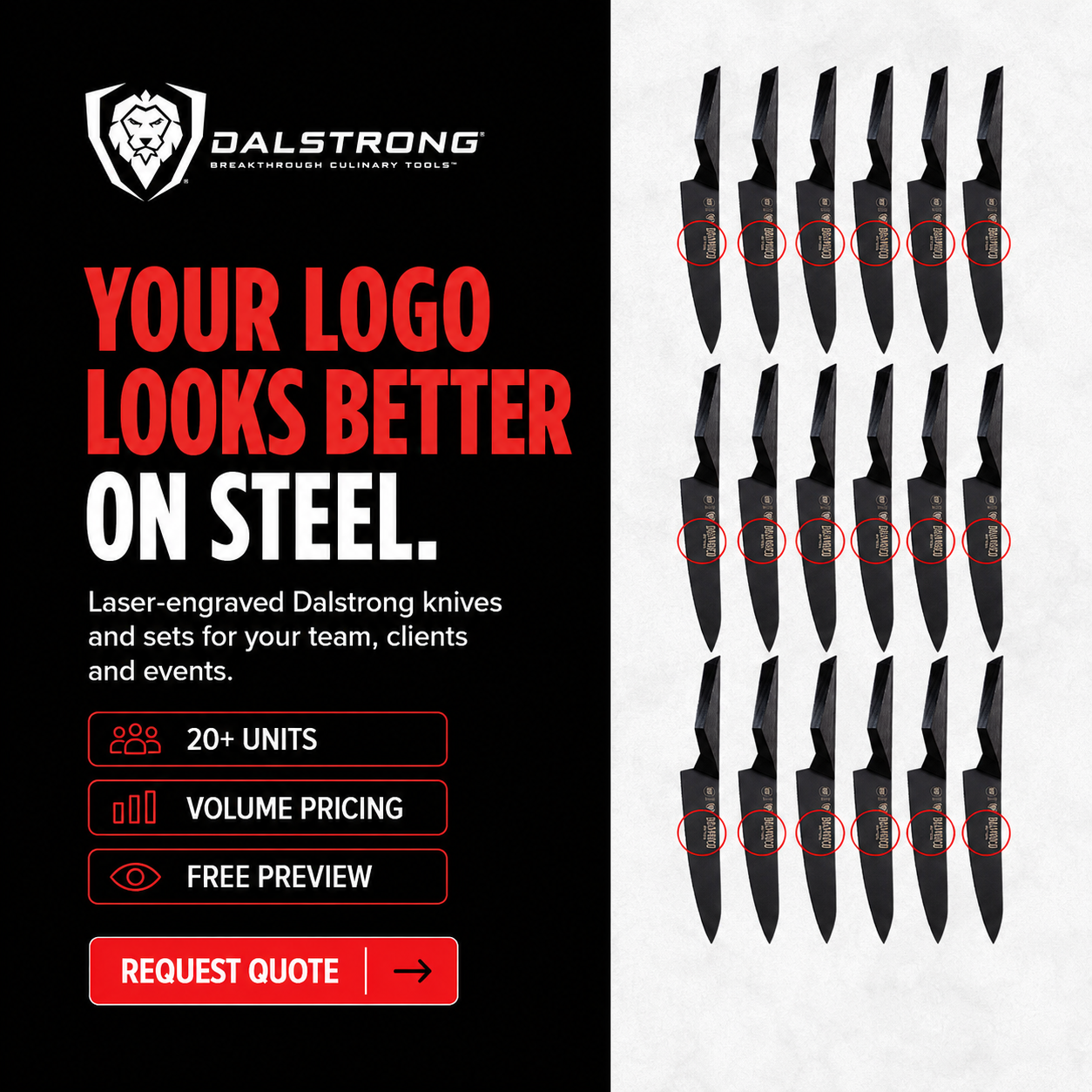 Dalstrong Facebook ad: Put Your Logo Somewhere Worthy