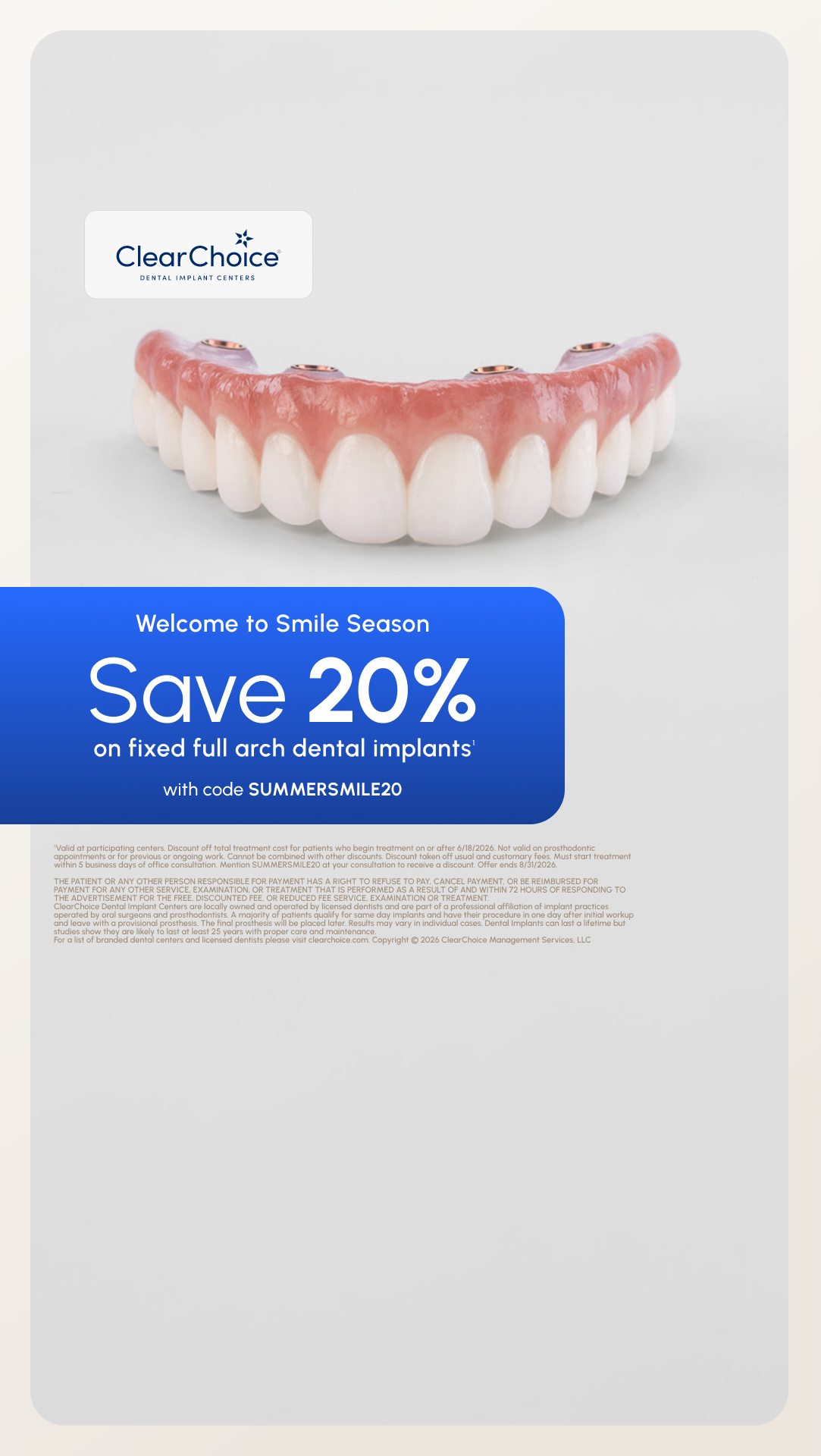 ClearChoice Dental Implant Centers Facebook ad from Jul 14, 2026