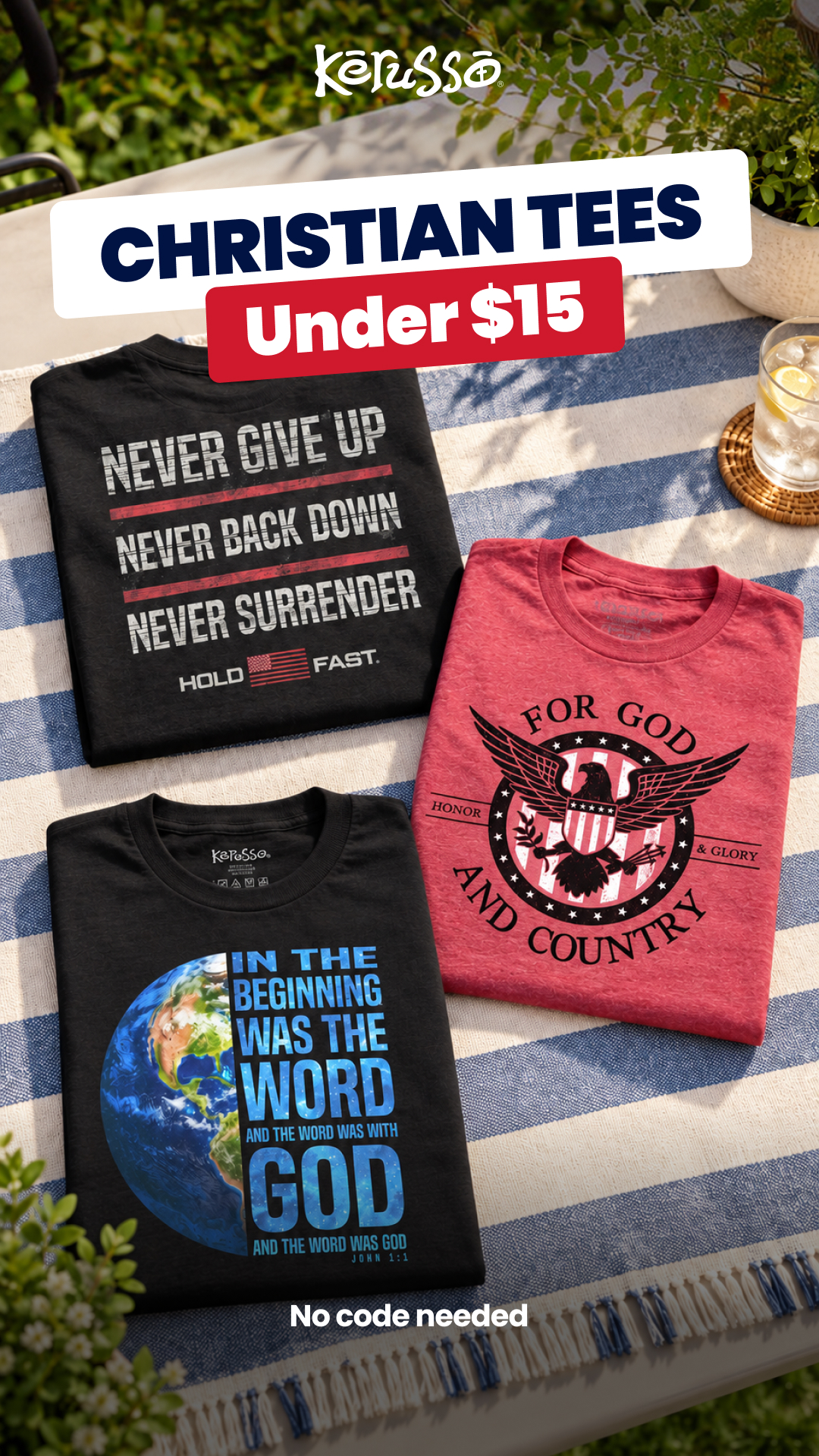 Kerusso Facebook ad: Faith-Filled Tees. Under $15.