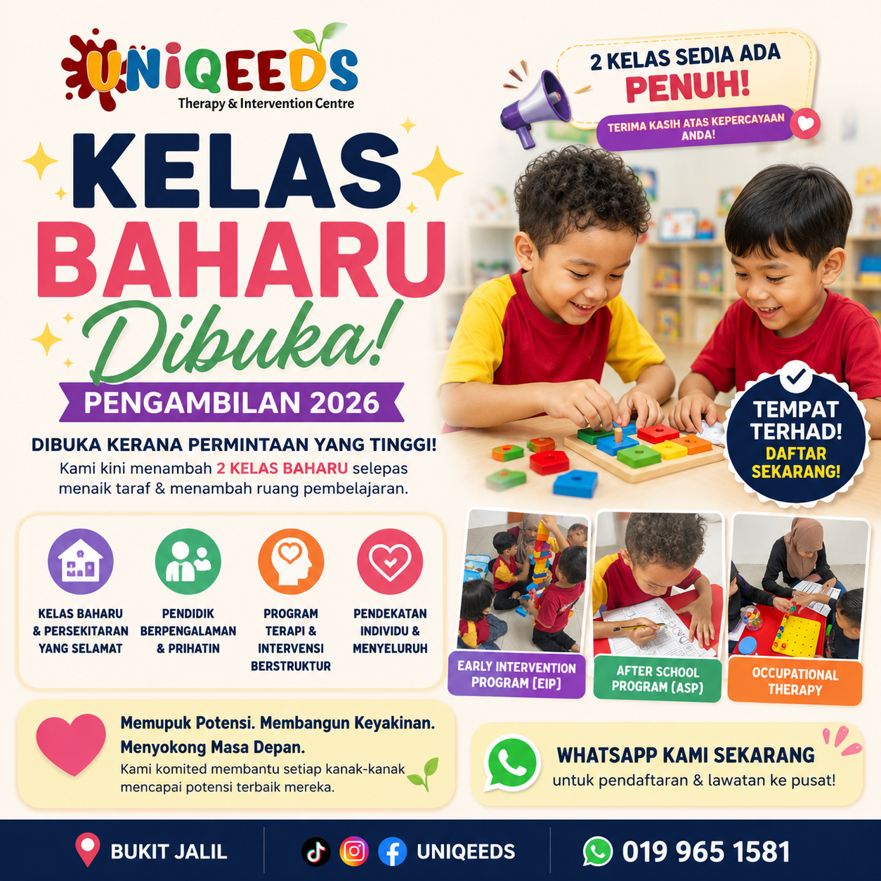 Uniqeeds Therapy & Intervention Centre Facebook ad: 2 Kelas Baharu Dibuka! Tempat Terhad