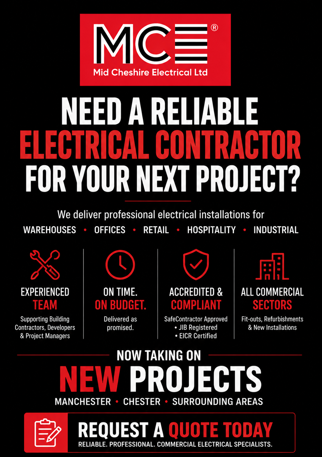 Mid Cheshire Electrical Ltd Facebook ad: Commercial Electrical Contractor Available For New Projects