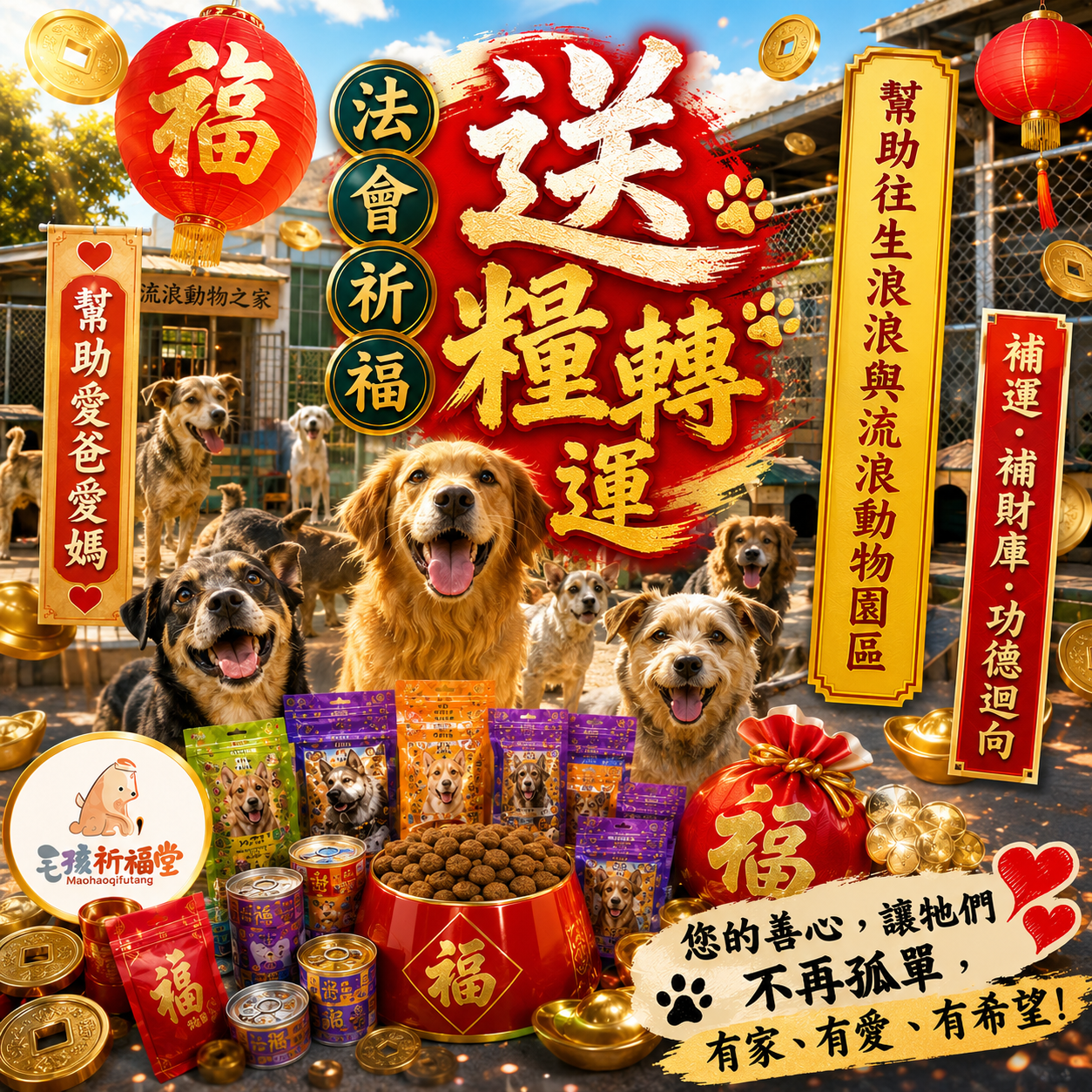 毛孩祈福堂 Facebook ad: 【送糧轉運|幫助浪浪也替自己累積福報】 祈安賜財補財庫法會+毛孩功德迴向
