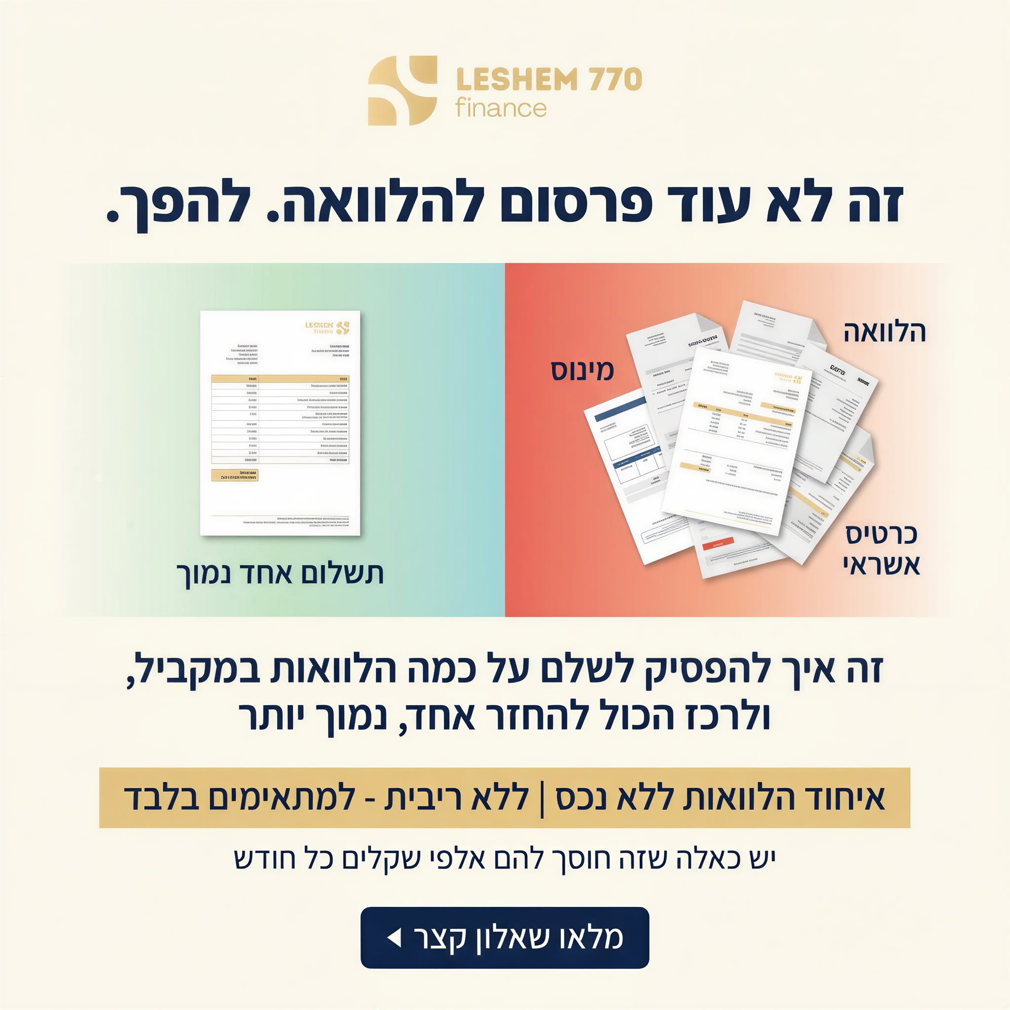 Leshem770 finance Facebook ad: בדיקת זכאות לאיחוד הלוואות