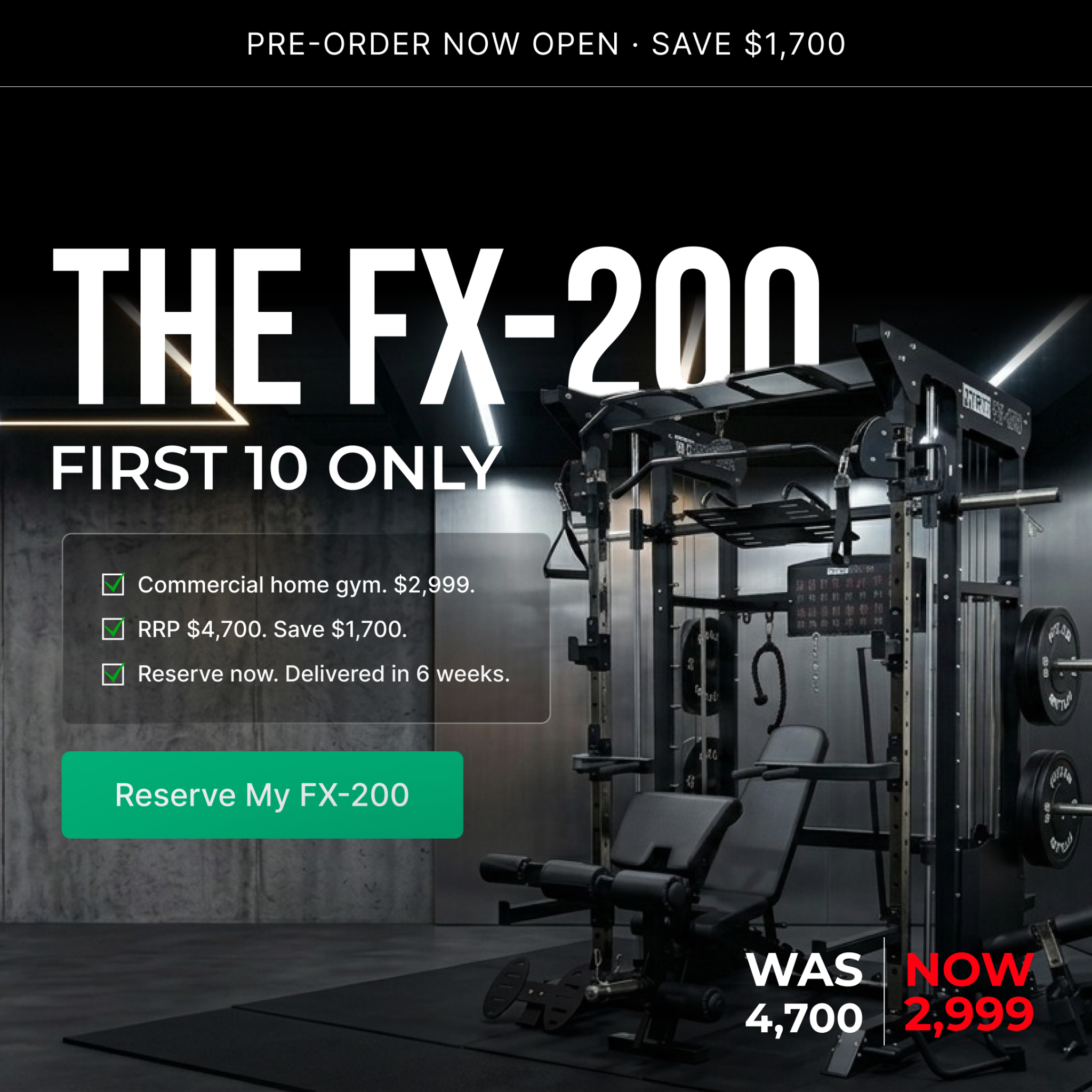 Elite Fitness Equipment Facebook ad: Limited Pre-Order: FX-200 Now Just $2,999 AUD
