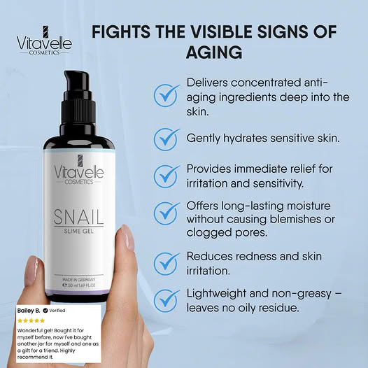 Health & Beauty Journal Facebook ad: 50% Off Vitavelle Snail Mucin Gel, Limited Time!