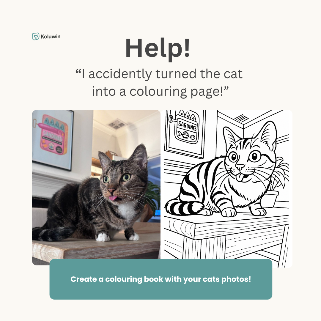 Koluwin Facebook ad: Help, I Accidentally Turned The Cat Into A Colouring Page!