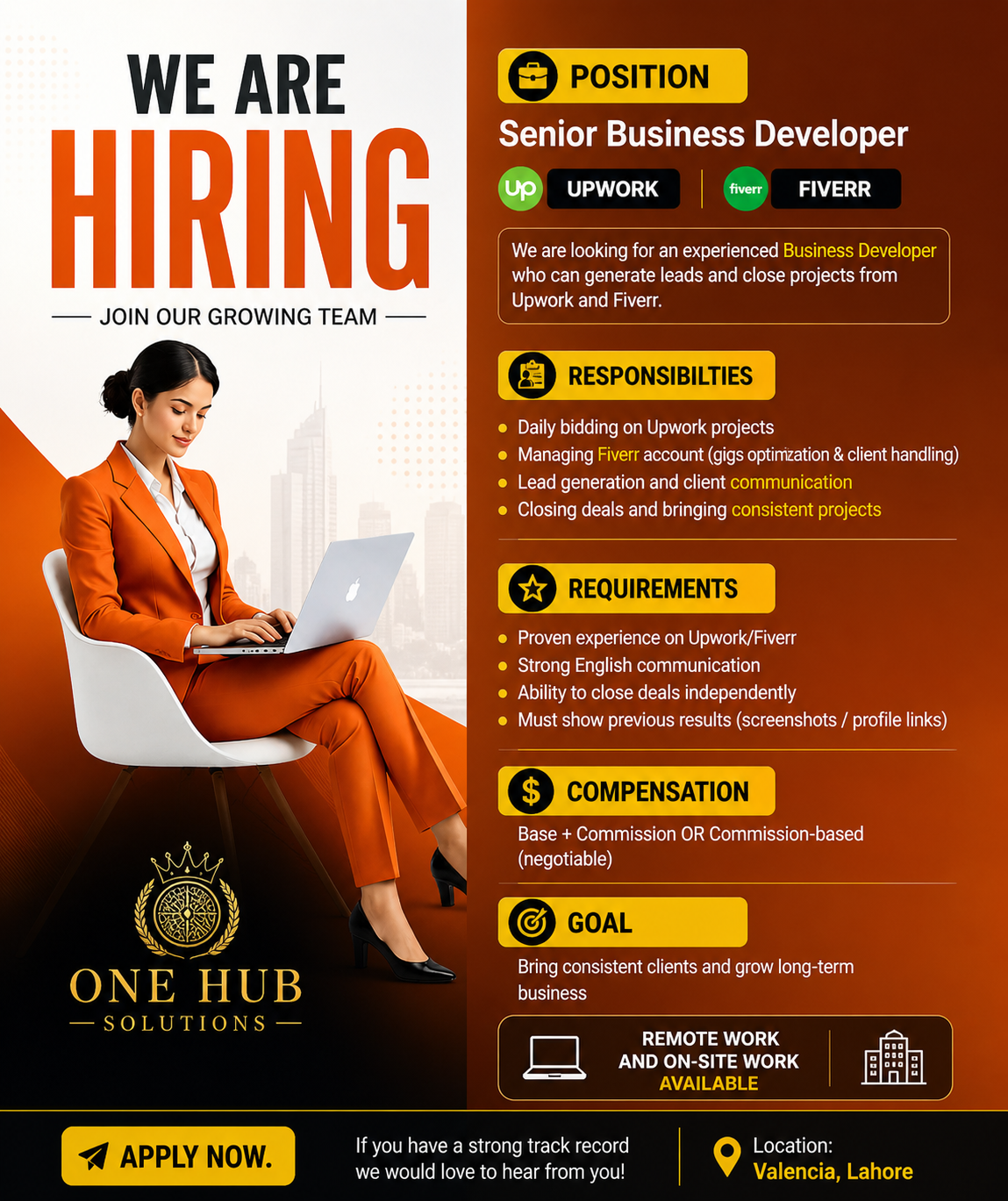 One Hub Solutions Facebook ad: Senior Business Developer Needed (Upwork & Fiverr Expert)