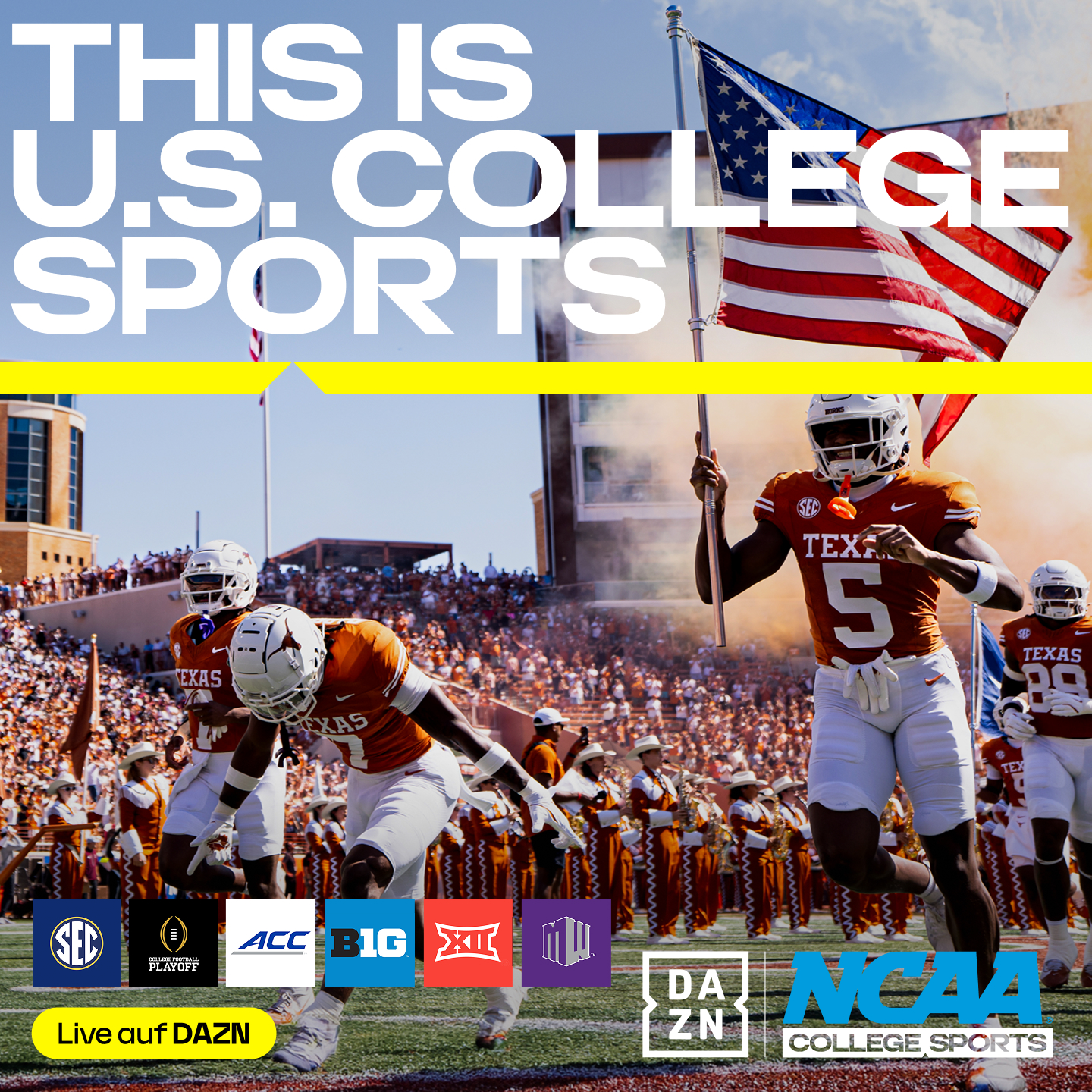 DAZN Sport Facebook ad: Erlebe den Wahnsinn des US College Sports.