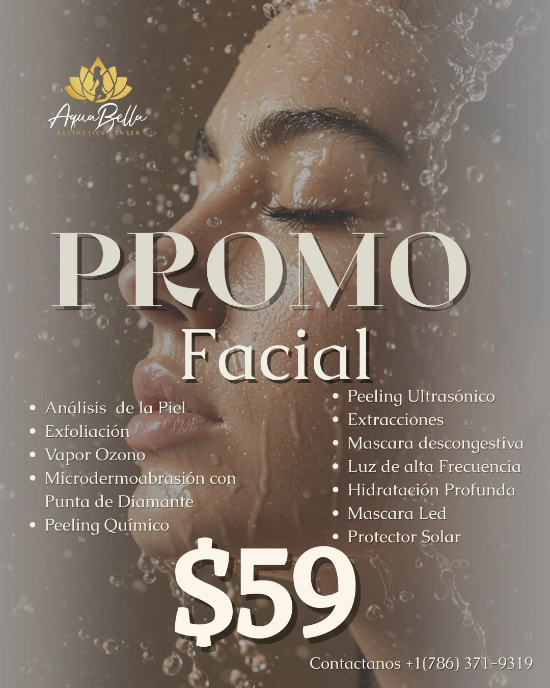 Aquabella Aesthetics Center Facebook ad: Piel radiante y luminosa.