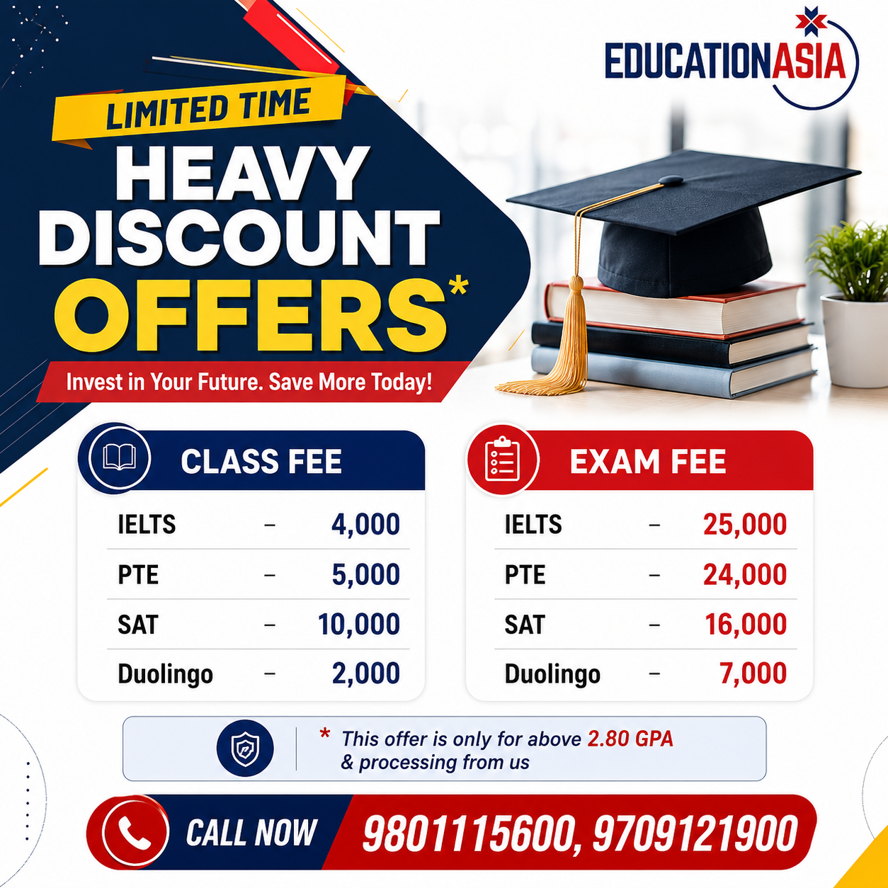 Education Asia Facebook ad: Limited-Time Discounts on IELTS, PTE, SAT & Duolingo