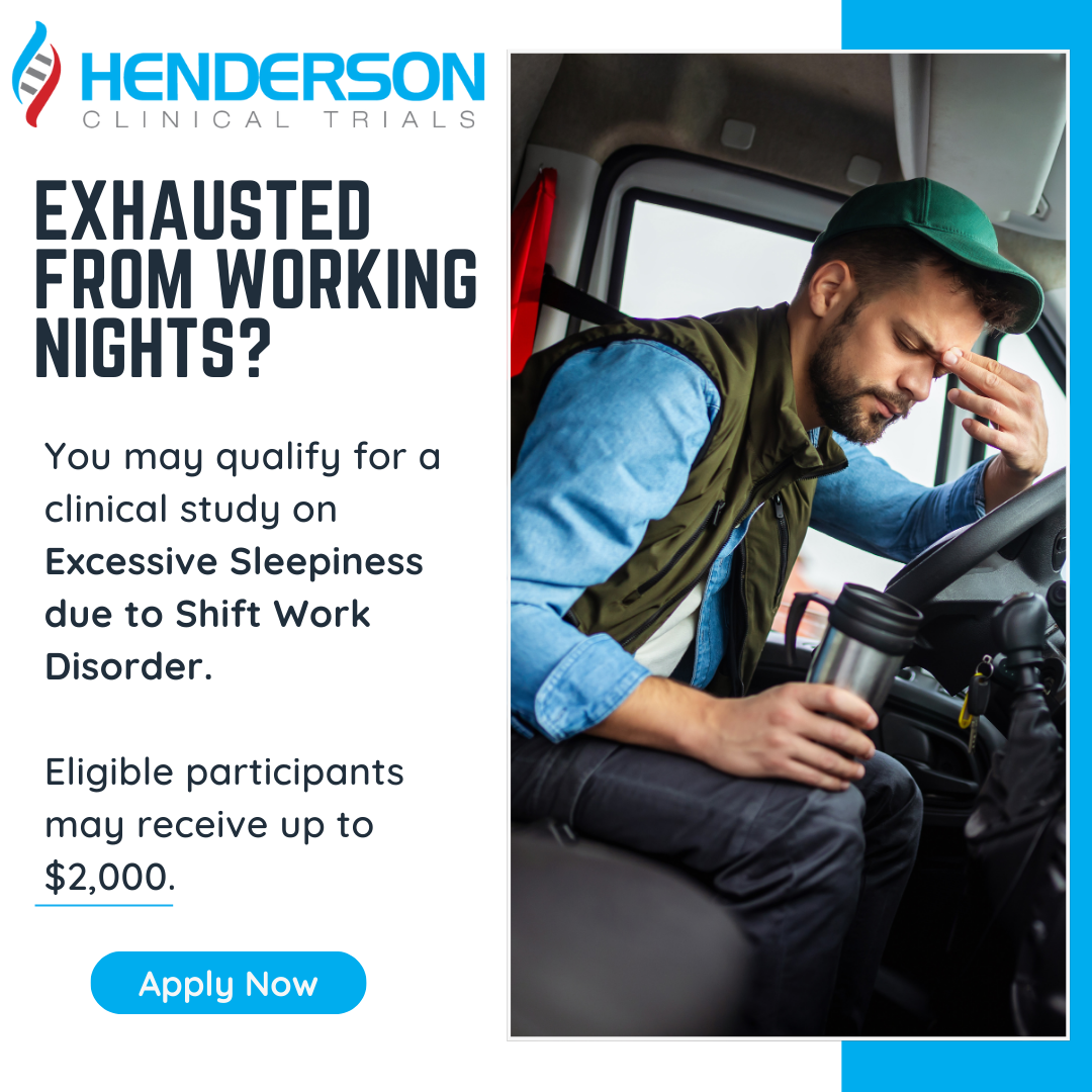 Henderson Clinical Trials Facebook ad: Trouble Sleeping Due to Night Shifts? Get Evaluated