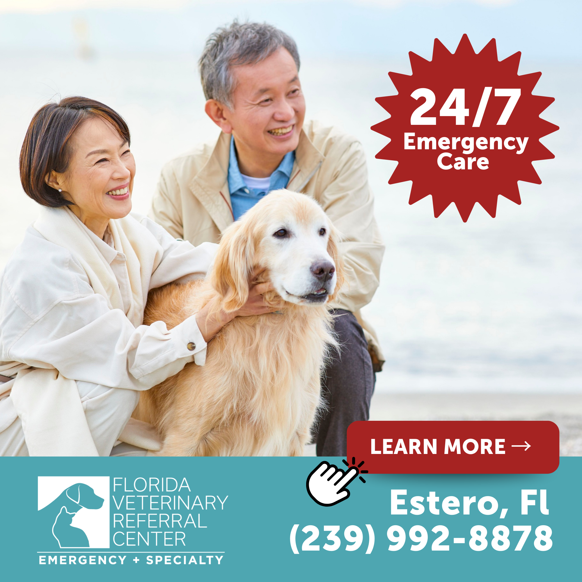 Florida Veterinary Referral Center Facebook ad: 24/7 Emergency Pet Care in Estero, FL!