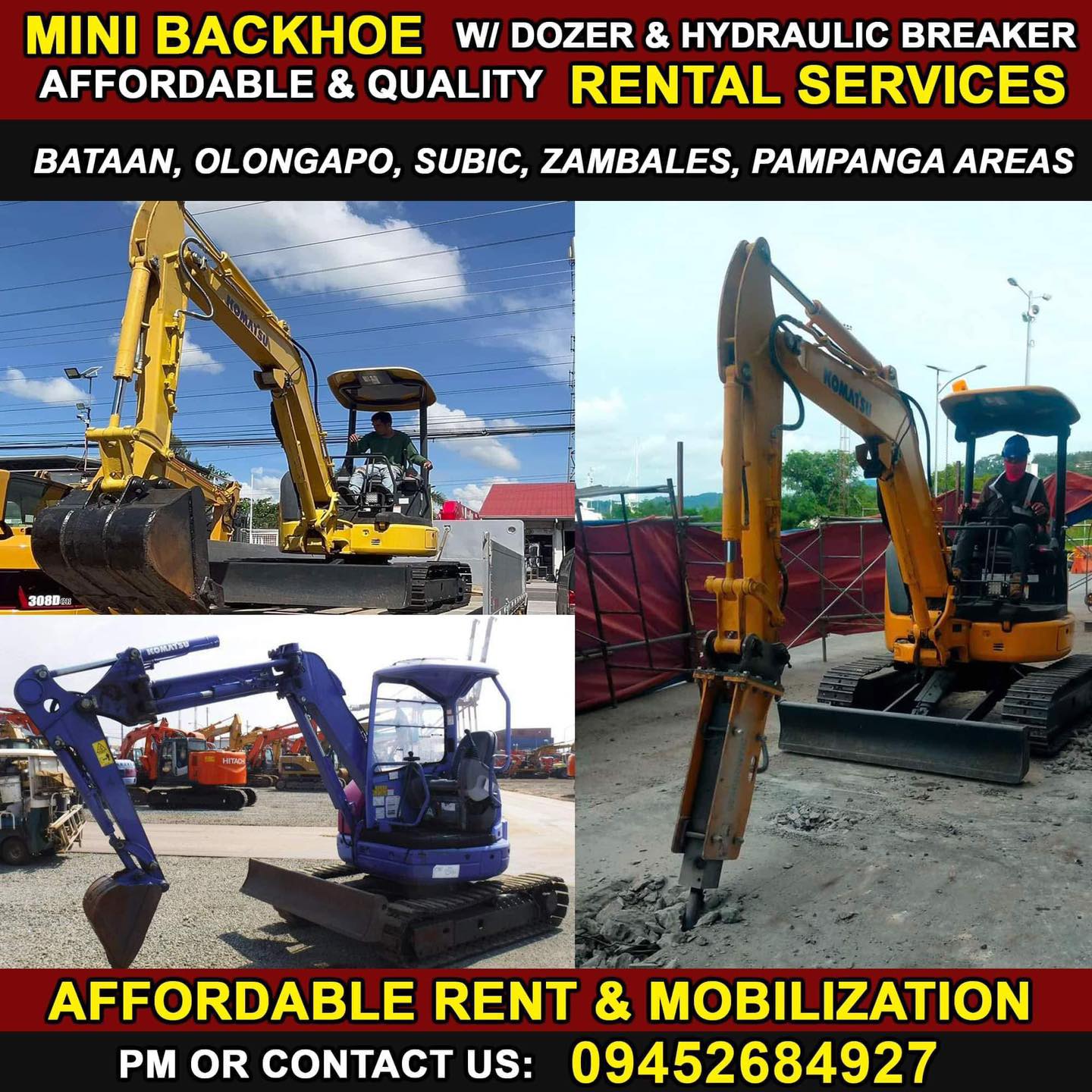 Backhoe excavator rental & services Facebook ad: FOR RENT- Mini BackHoe (AFFORDABLE & QUALITY