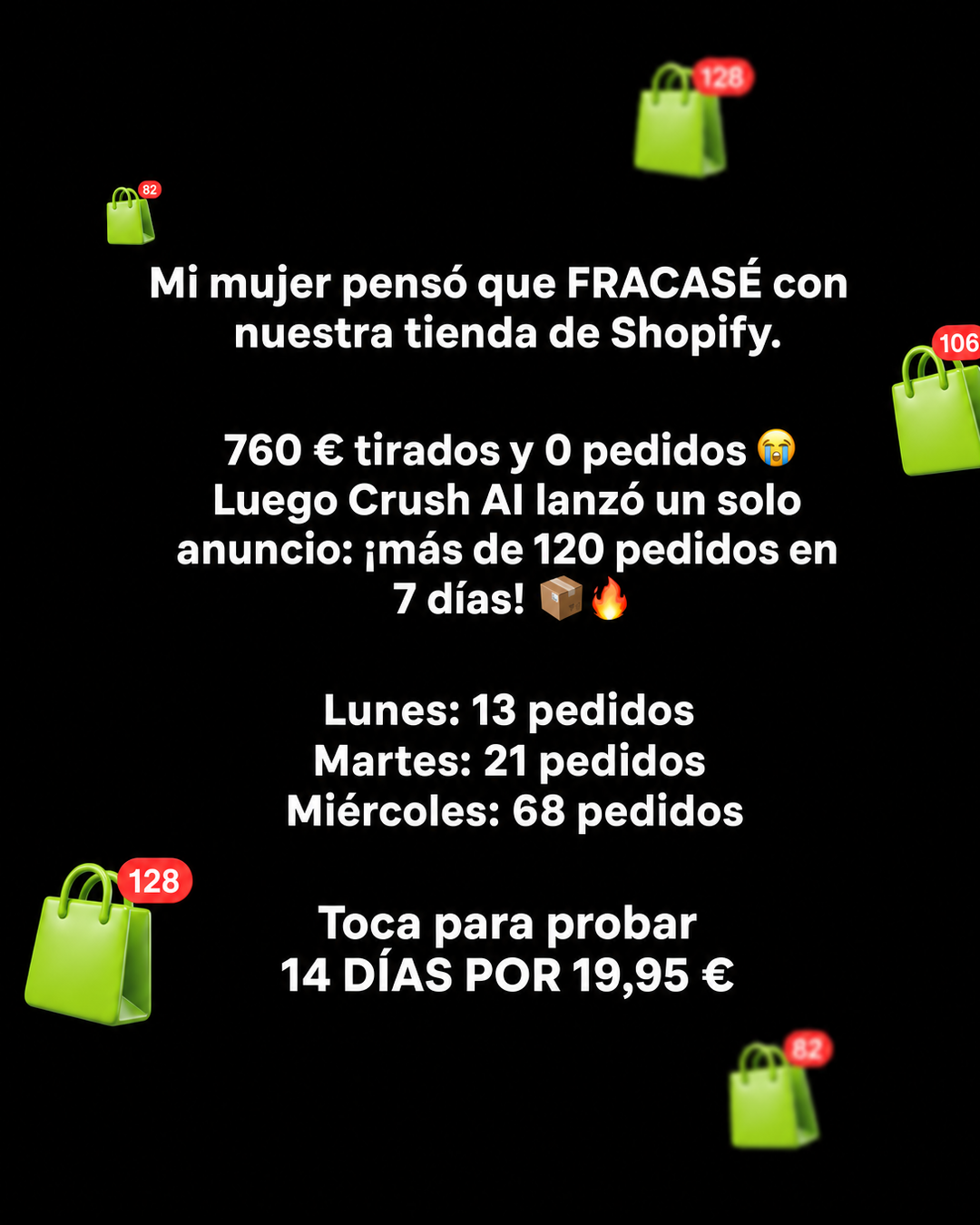 trycrush.ai Facebook ad: 760 € tirados. Luego, 120+ pedidos
