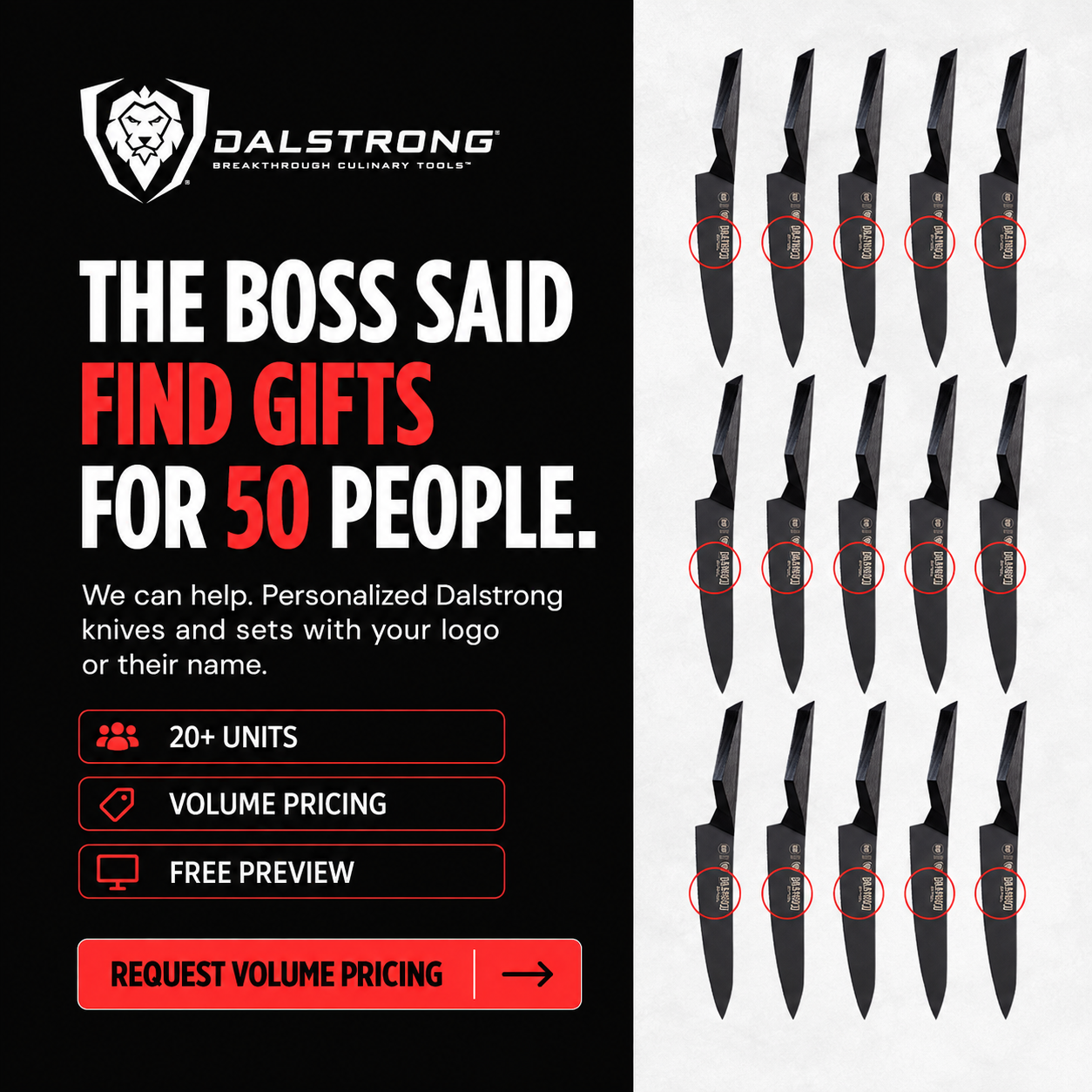Dalstrong Facebook ad: Bulk Engraved Gifts, One Logo