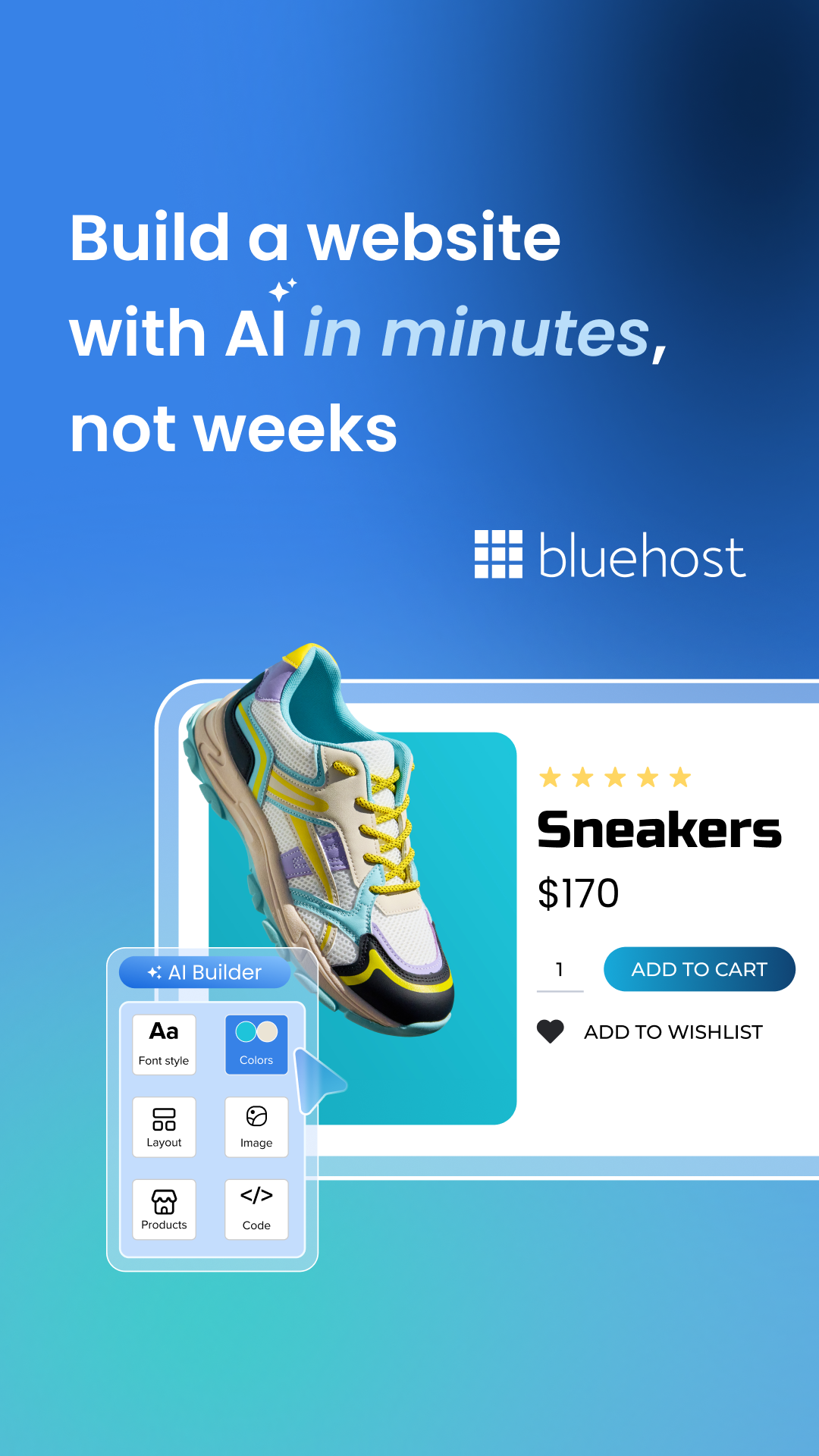 Bluehost Facebook ad: Free for 14 days: build your site, no coding needed