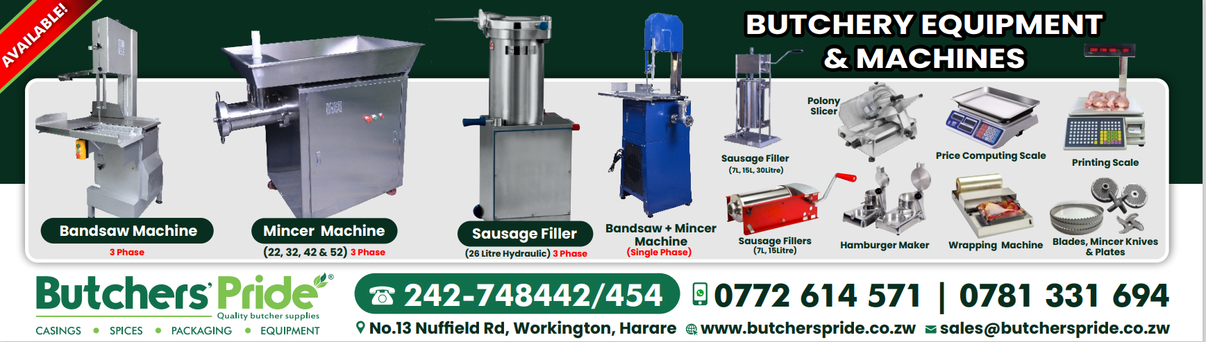 Butchers' Pride Zimbabwe Facebook ad: CASINGS-SPICES -PACKAGING- BUTCHERY EQUIPMENT
