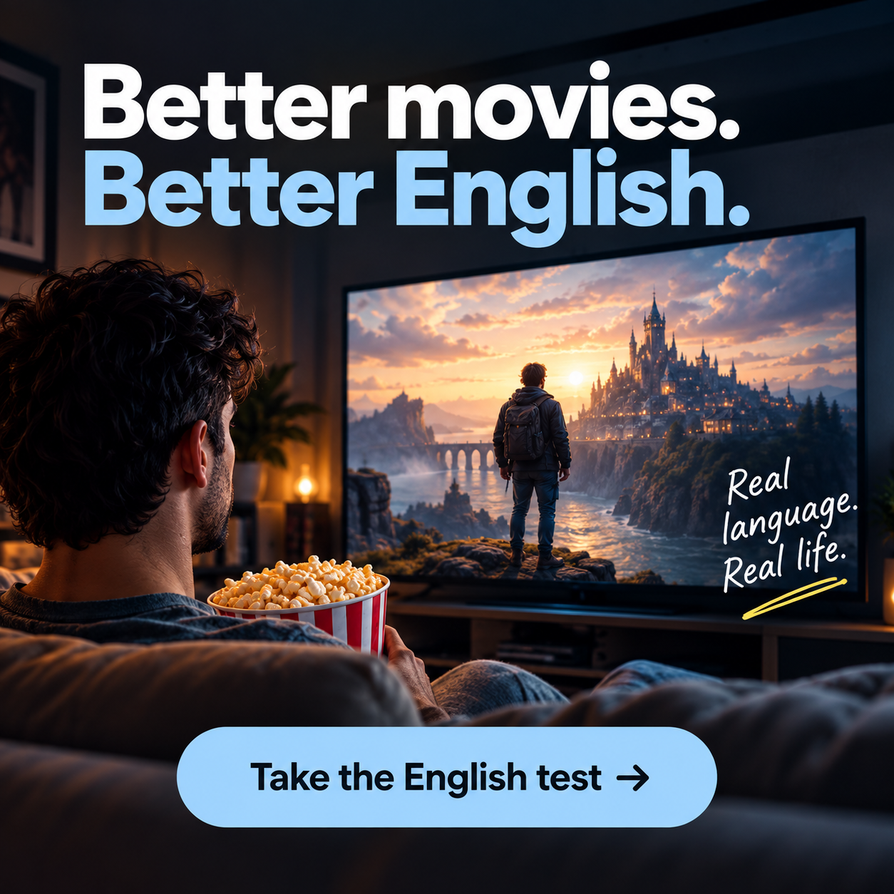 Glite - English Language App Facebook ad: Learn English Through Movies