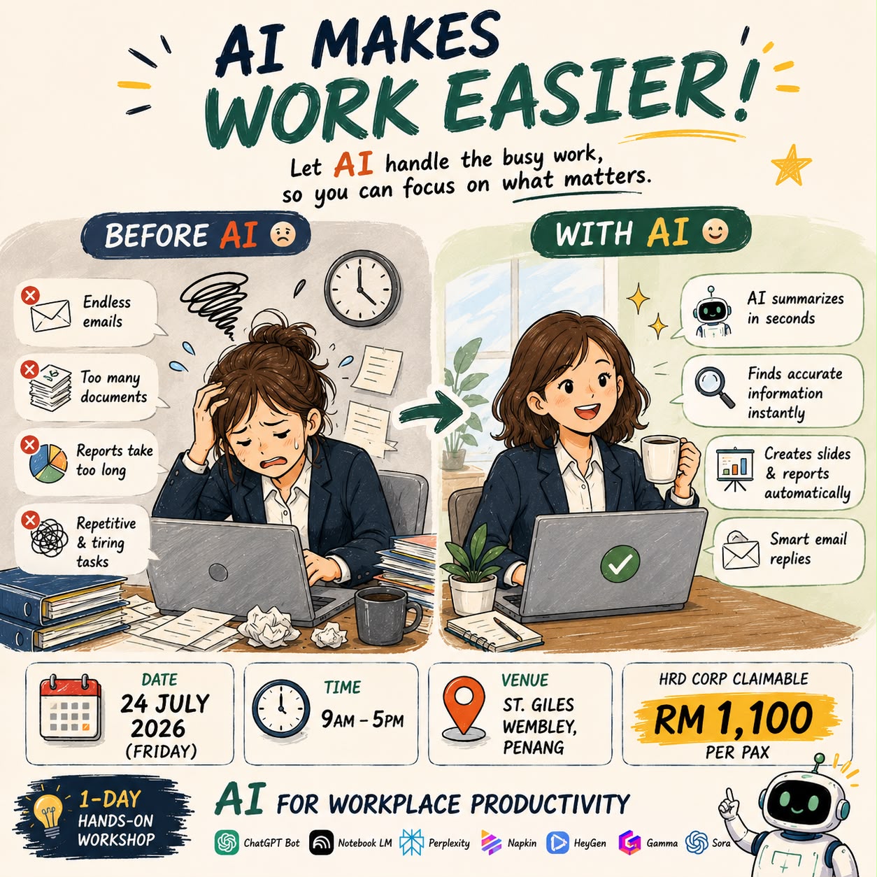 SRKK AI and Automation Academy Facebook ad: Turn Hours of Work Into Minutes with AI