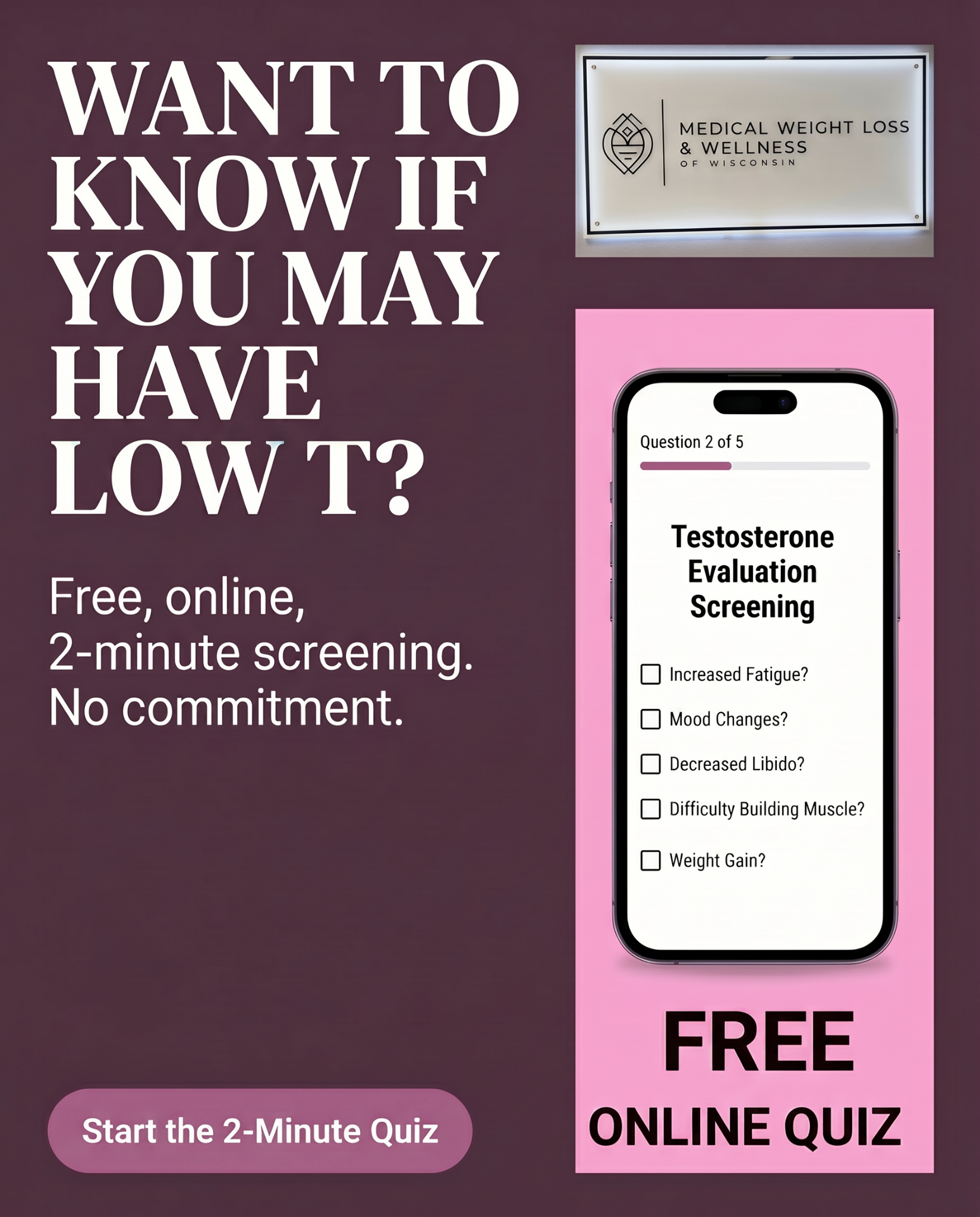 Medical Weight Loss and Wellness of Wisconsin Facebook ad: Take the 2-Min Low T Screening