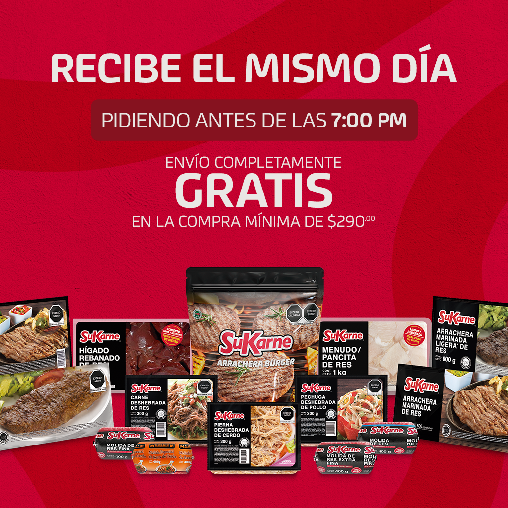 SuKarne Express Facebook ad: Más rápido, más fácil y sin salir de casa.