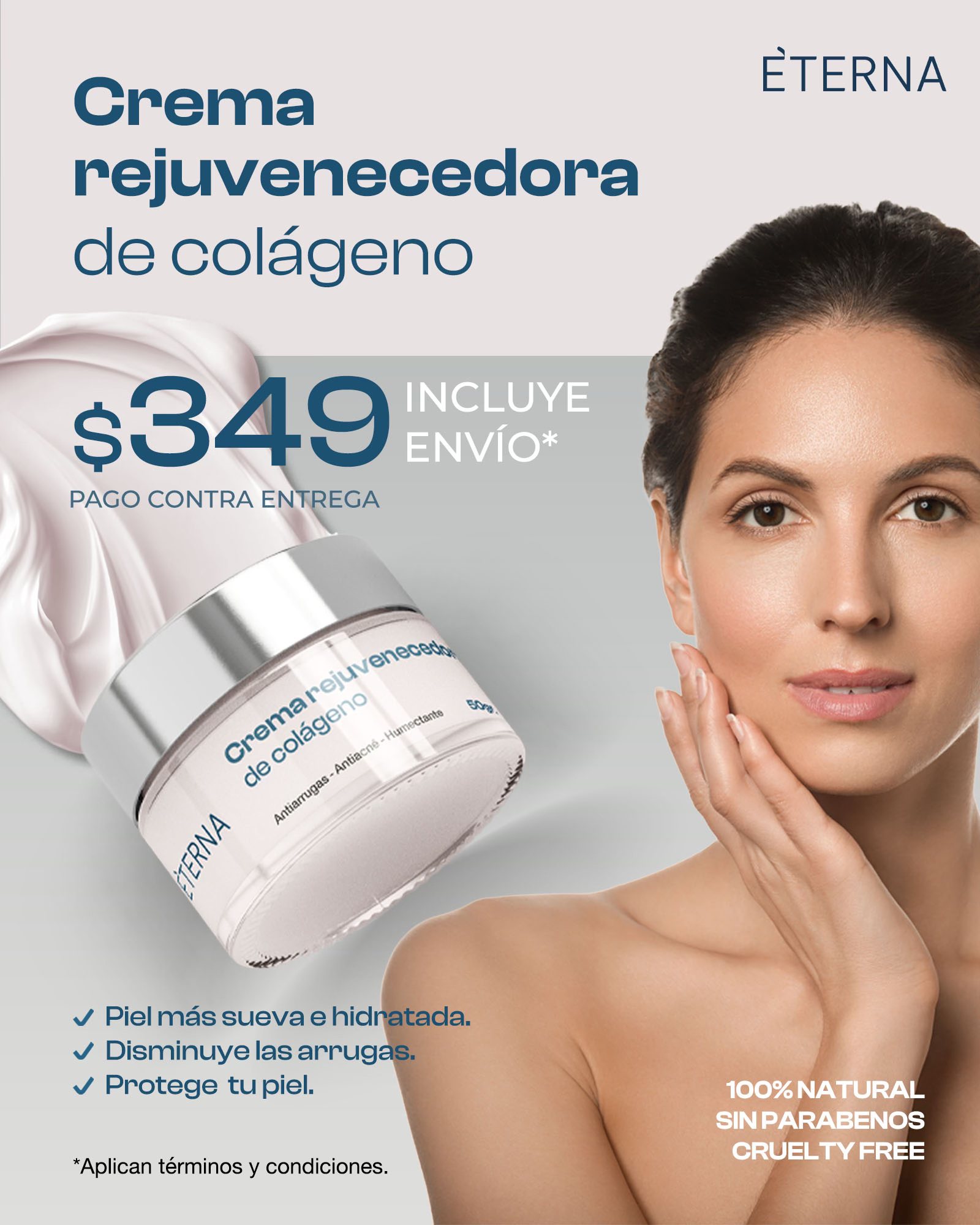 Eterna crema antiarrugas Facebook ad: ¿ARRUGAS? ¿MANCHAS? ¿PIEL FLÁCIDA?