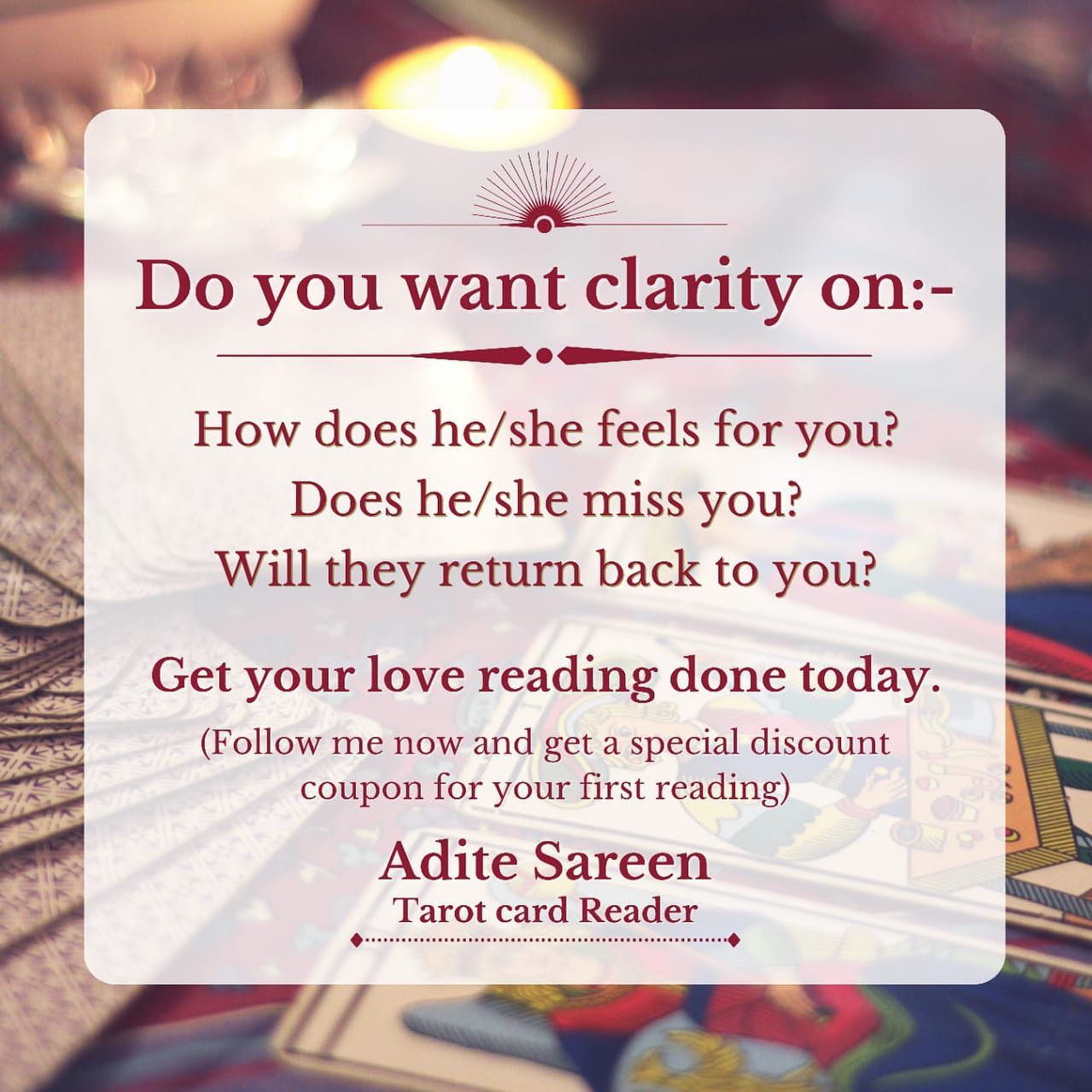 The Tarot by Adite Facebook ad: DM for personalised love readings