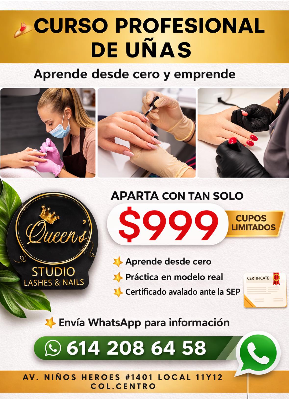 Queen’s Studio Facebook ad: CERTIFÍCATE COMO TÉCNICA EN UÑAS