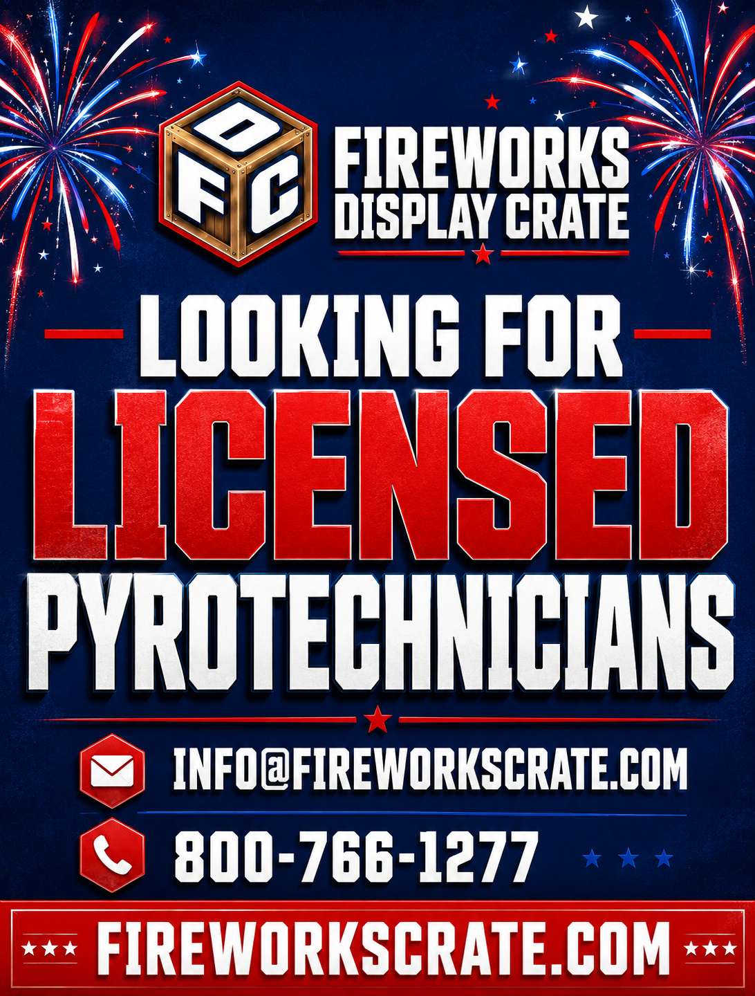 Display Crate America 250 Facebook ad: LICENSED PYROS WANTED