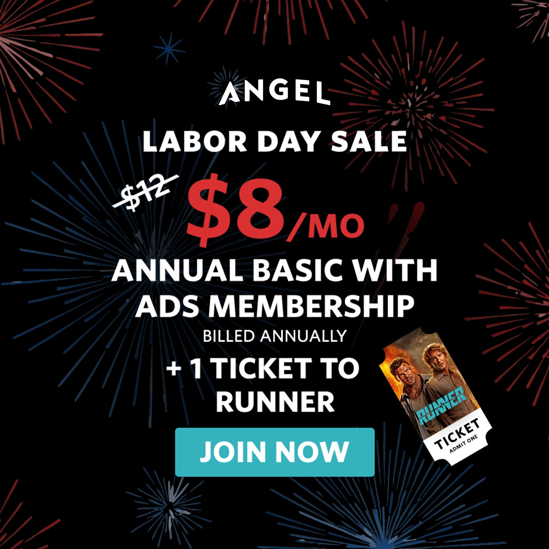 Angel Facebook ad: $8/MO (Billed Annually) + 1 FREE MOVIE TICKET!
