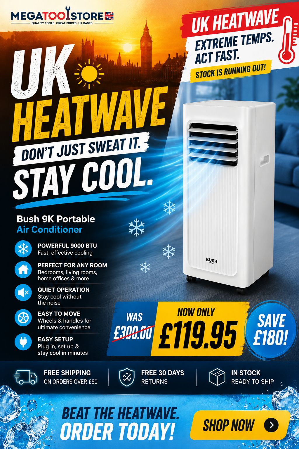 Mega Store UK Facebook ad: • Beat The UK Heatwave Today • Cool Your Room In…
