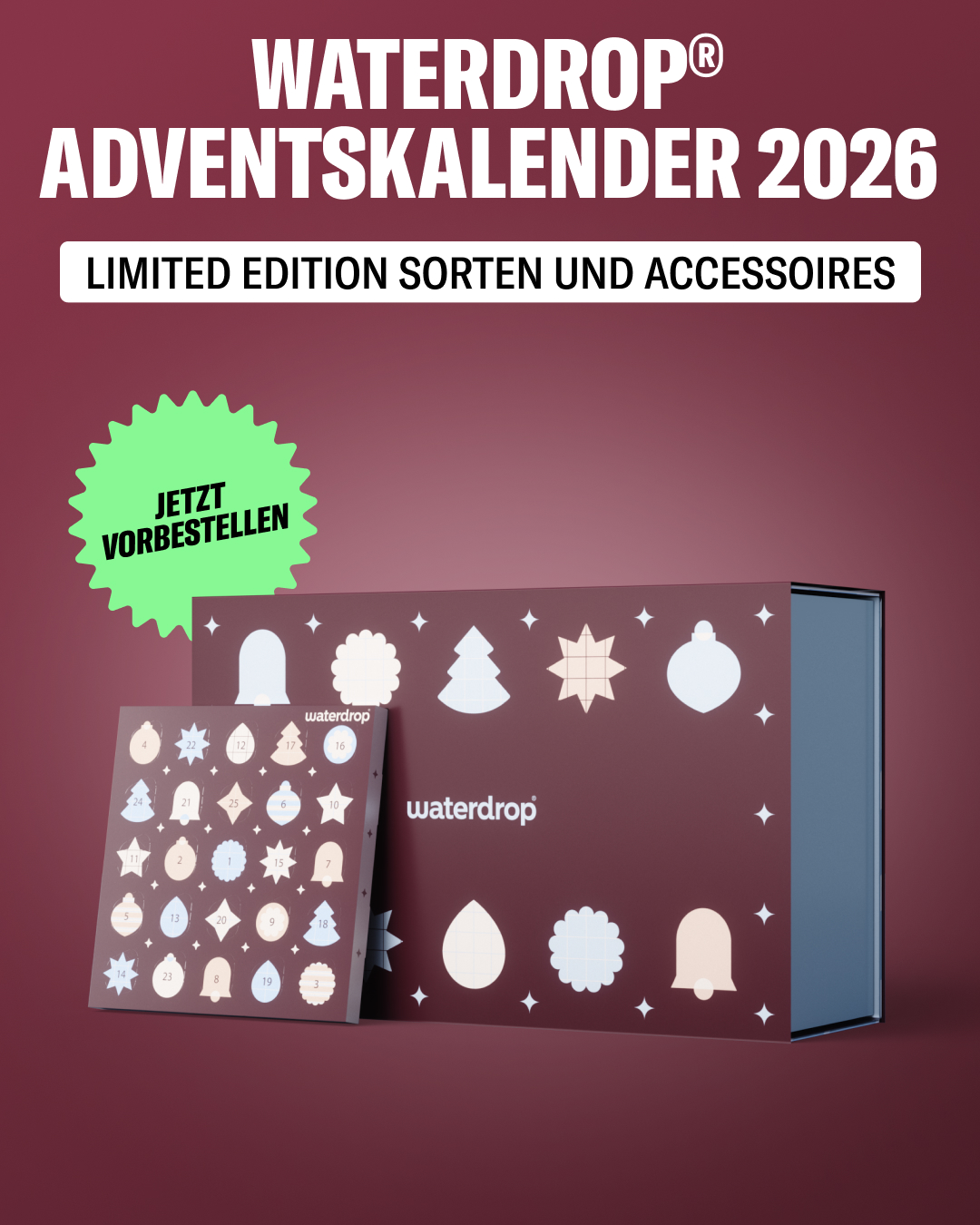 waterdrop Facebook ad: 24 Türchen voller Überraschungen im Wert von über 250 €.