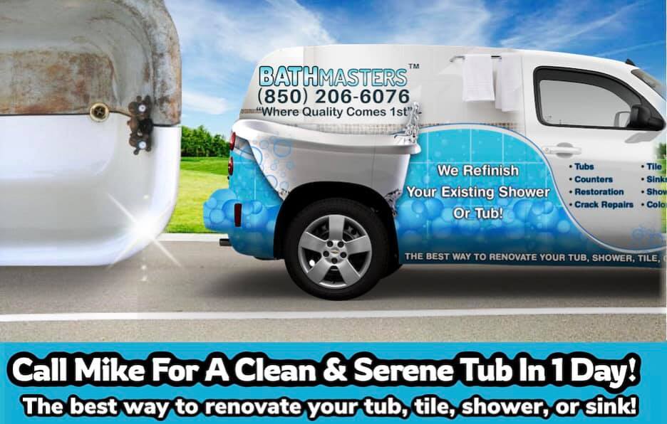 BathMasters Facebook ad: We refinish Tubs, Showers, Sinks, Tile, Counters, Clawfoot…