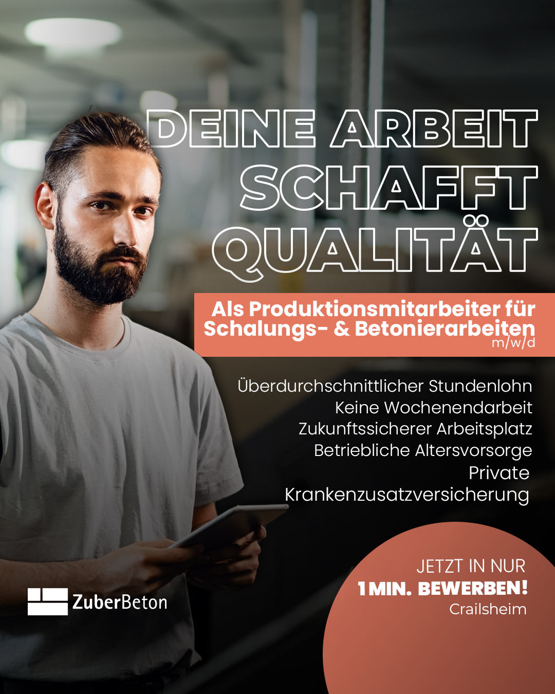 Zuber Beton GmbH Facebook ad: Bewirb Dich in unter 1 Minute!
