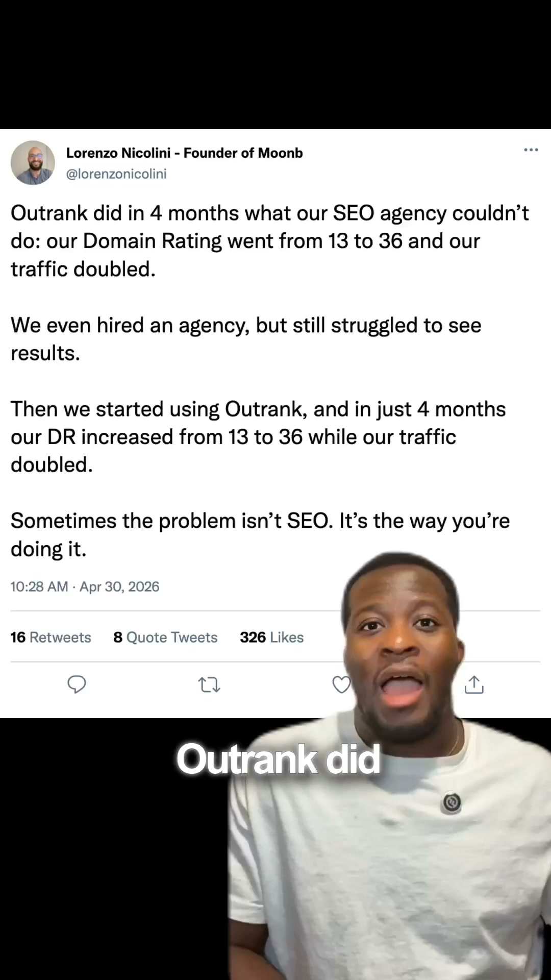 Outrank.so Facebook ad: DR 13 to 36 in 4 Months. No Agency Needed.