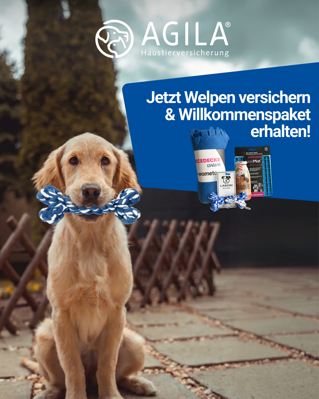 AGILA Haustierversicherung Facebook ad: Willkommenspaket für Deinen Welpen