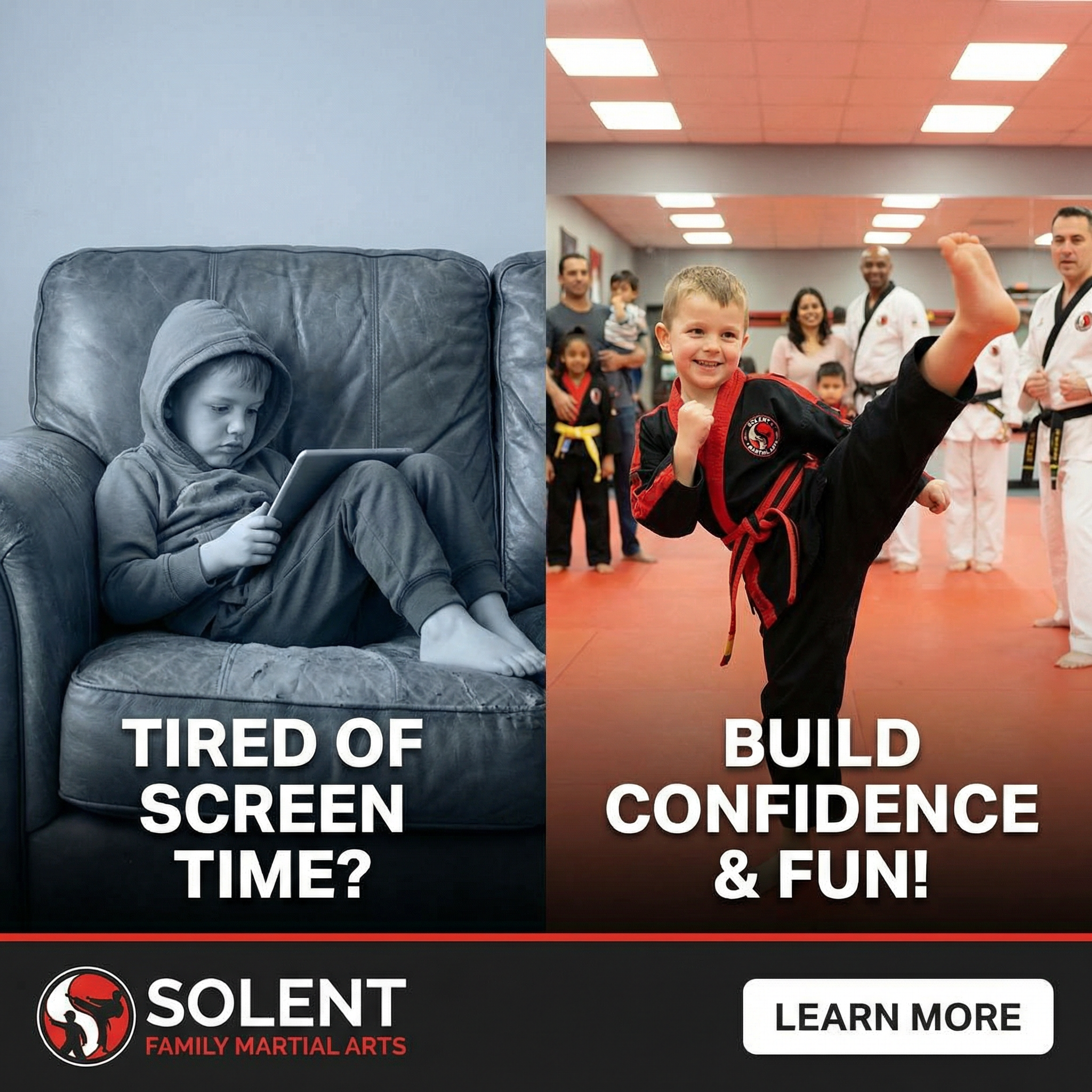 Solent Family Martial Arts Academy Facebook ad: Swap the Screen for the Ring, First Session FREE