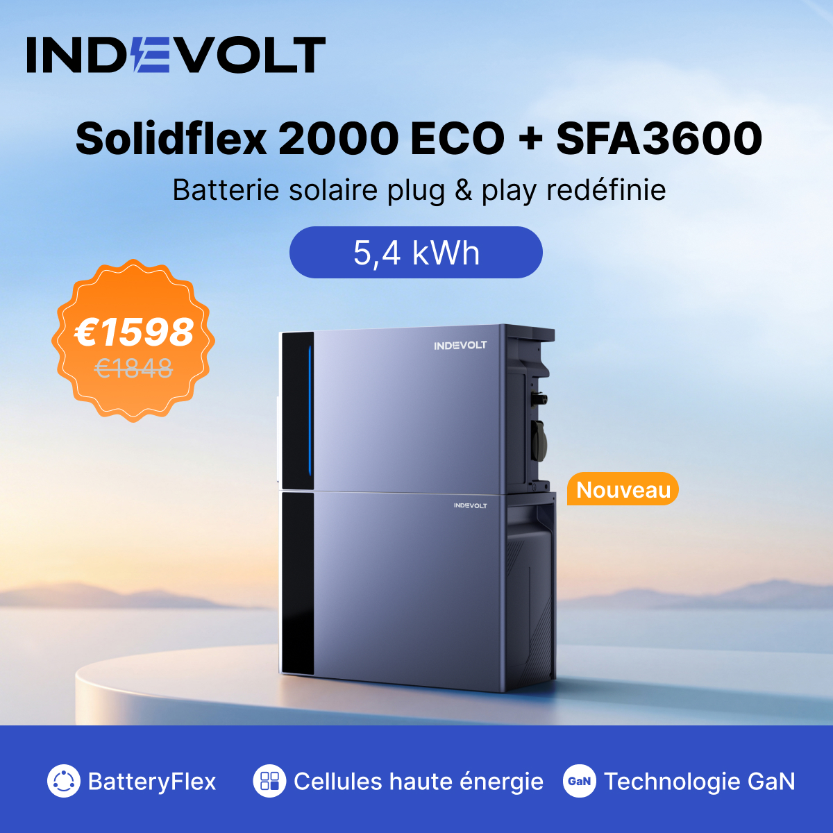 Indevolt France Facebook ad: SolidFlex 2000 ECO + SFA3600 | 5,4kWh