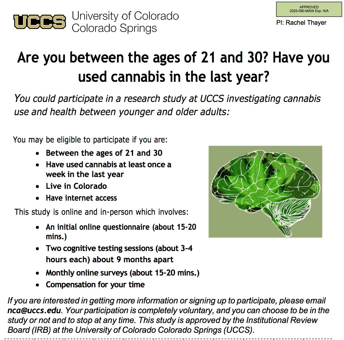 UCCS Neuropsychology of Cannabis and Aging Lab Facebook ad: Seeking Adults Aged 21-30 to Participate in Research…