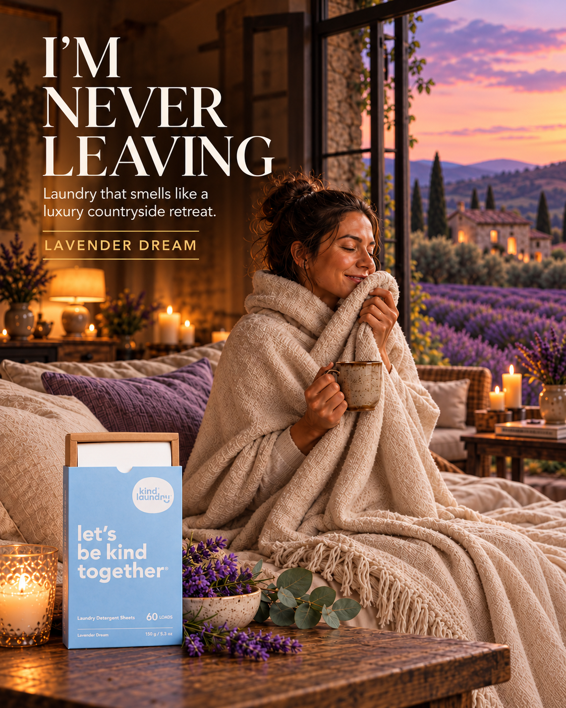 Kind Laundry Facebook ad: Lavender. Eucalyptus. Amber. The Countryside You Carry…